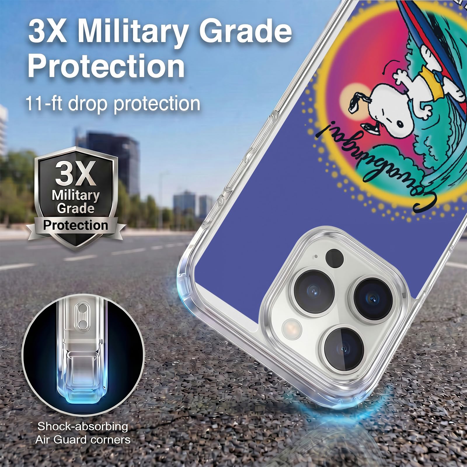 Head Case Designs Licenza Ufficiale Peanuts Cowabunga Surf Snoopy Passeggiata Aerografata Custodia in Gel [Protezione di Grado Militare] Compatibile con Apple iPhone 16 PRO E Compatibile con MagSafe