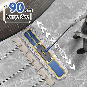 MASTERTOP Large Industrial Mop, 90cm Wide Heavy Duty Flat Mop with Adjustable Handle, Floor Sweeper Mops with 3 Reusable Pads, Wet & Dry Commercial Mops for Warehouse, Office, Mall - Blue
