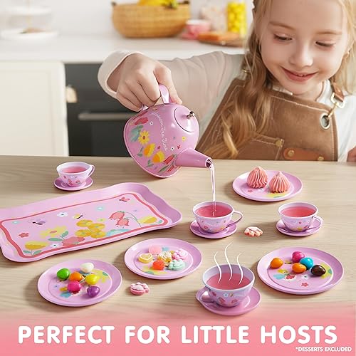 Miniatura 5 de JOYIN Juego de té de flores de hadas para niñas pequeñas, juego de tetera de lata rosa, juego de cocina de princesa con tetera, taza, plato, estuche