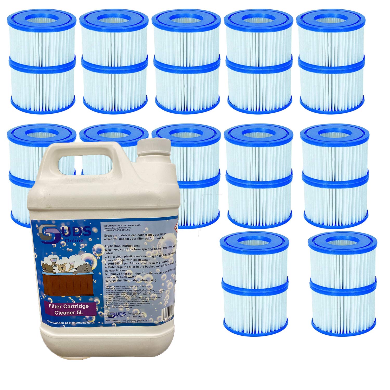 SUDS-ONLINE Filter Cartridge Cleaner With Compatible Bestway Filter Cartridge VI Replacement FOR Miami, Vegas, Monaco, Palm Springs (12 x Twin Pack + 5L)