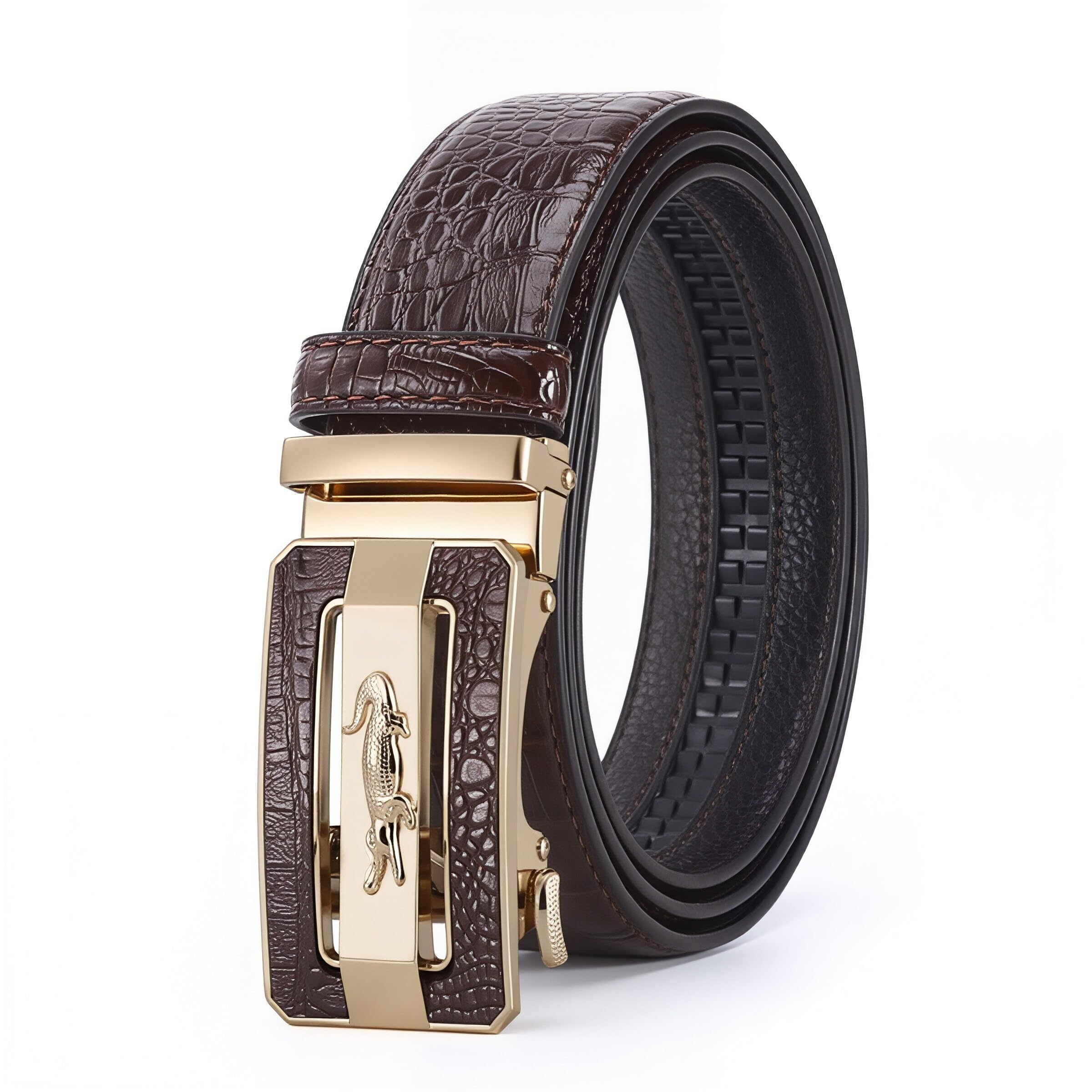 Luxury Crocodile Pattern Leather Belt with Automatic Buckle Black and Brown Gold and Gunmetal Buckle Ratchet Design