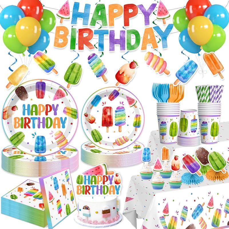 Xynic 213 piezas de decoraciones de fiesta de cumpleaños de paletas para niños y niñas, sirve 25 | El juego completo de vajilla de papel desechable sin ensamblaje incluye platos gruesos, adornos para cupcakes, manteles impermeables y pancartas.
