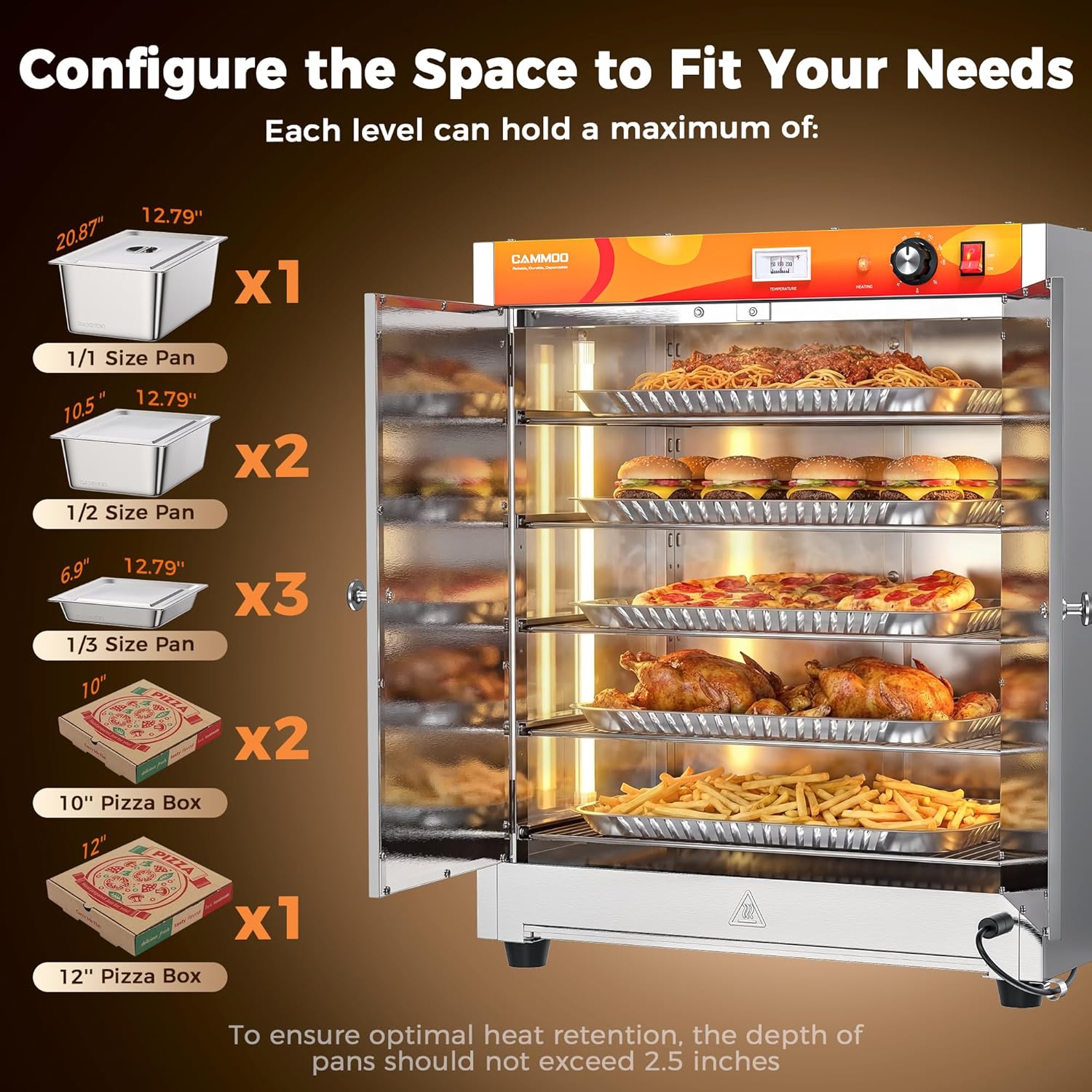 CAMMOO 133Qt 5-Tier 900W Electric Food Warmer with LED Light and 304 Blued Stainless Steel Heating Element, Commercial-Graded All Stainless Steel, Adjustable Shelf, Countertop Heated Holding Cabinet