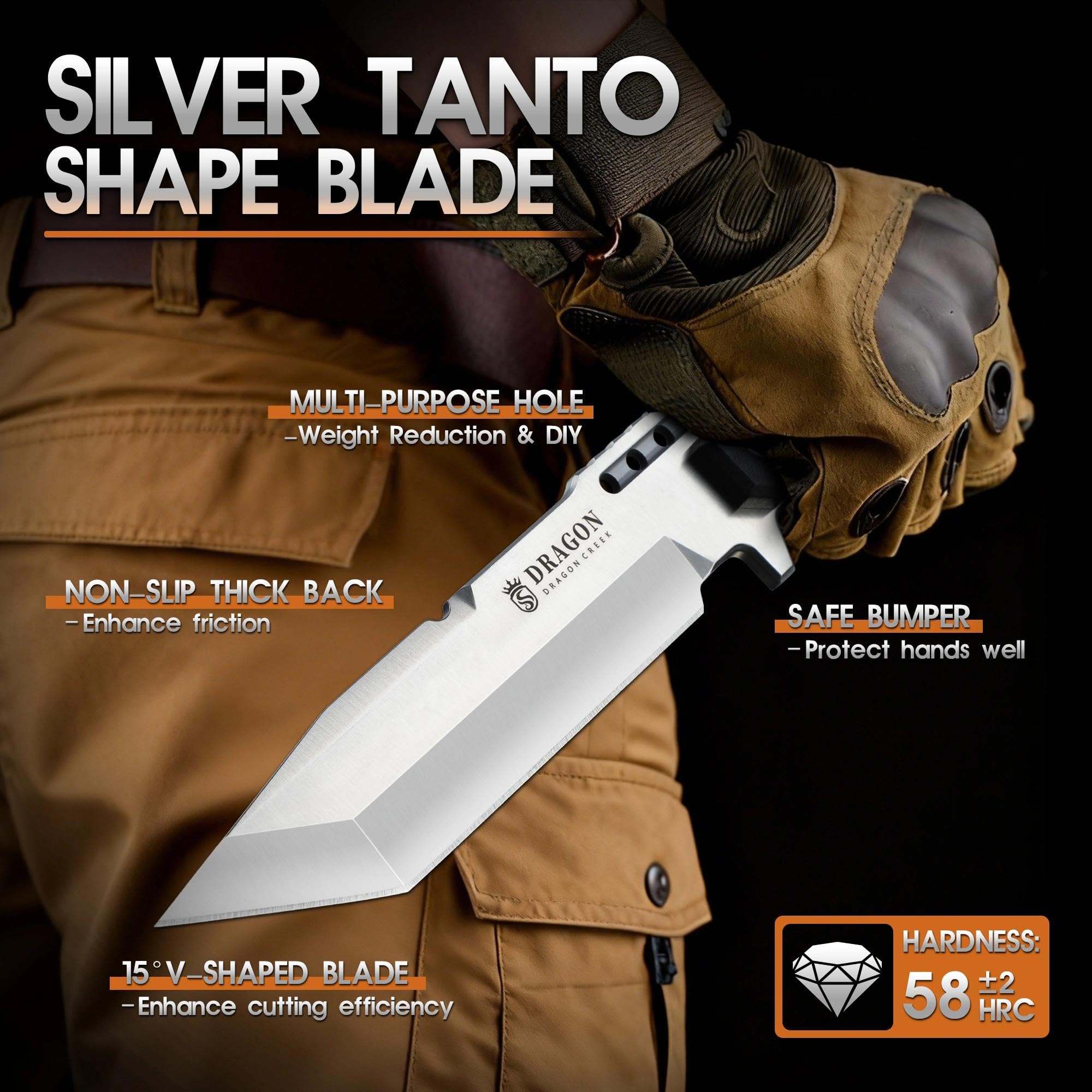 Dragon Creek Coltello Outdoor a Lama Fissa Full Tang, Impugnatura Ergonomica Antiscivolo, Fodero in Kydex Regolabile, Coltello da Campeggio per Escursionismo e Attività Outdoor(Argentato)