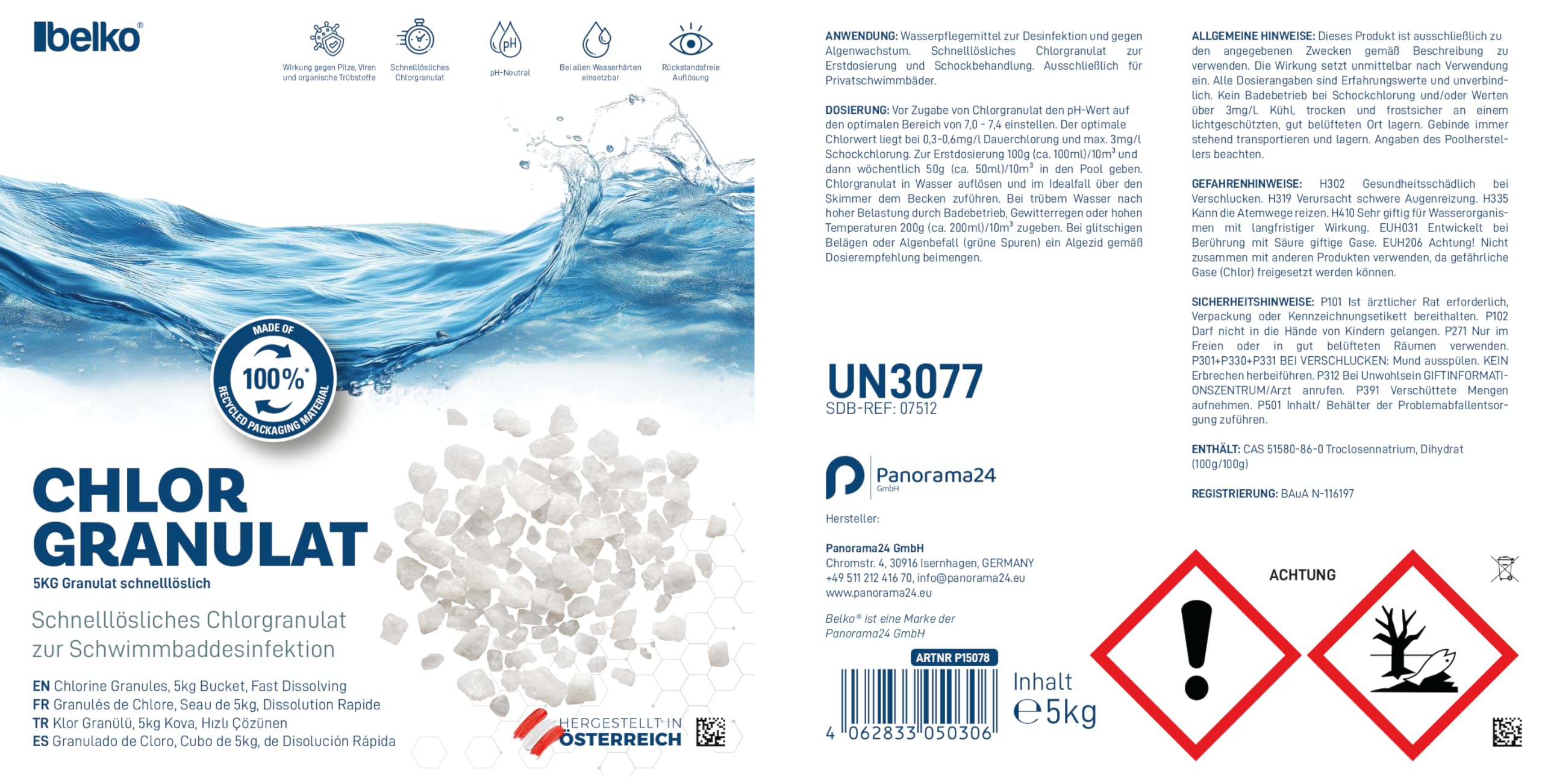 Belko® Chlorgranulat für Pool 5kg, schnelllöslich zur Schnellen Anhebung des Chlorgehaltes, Sichere und schnelle Desinfektion - für Pools, Aufstellpools, Whirlpools, Planschbecken