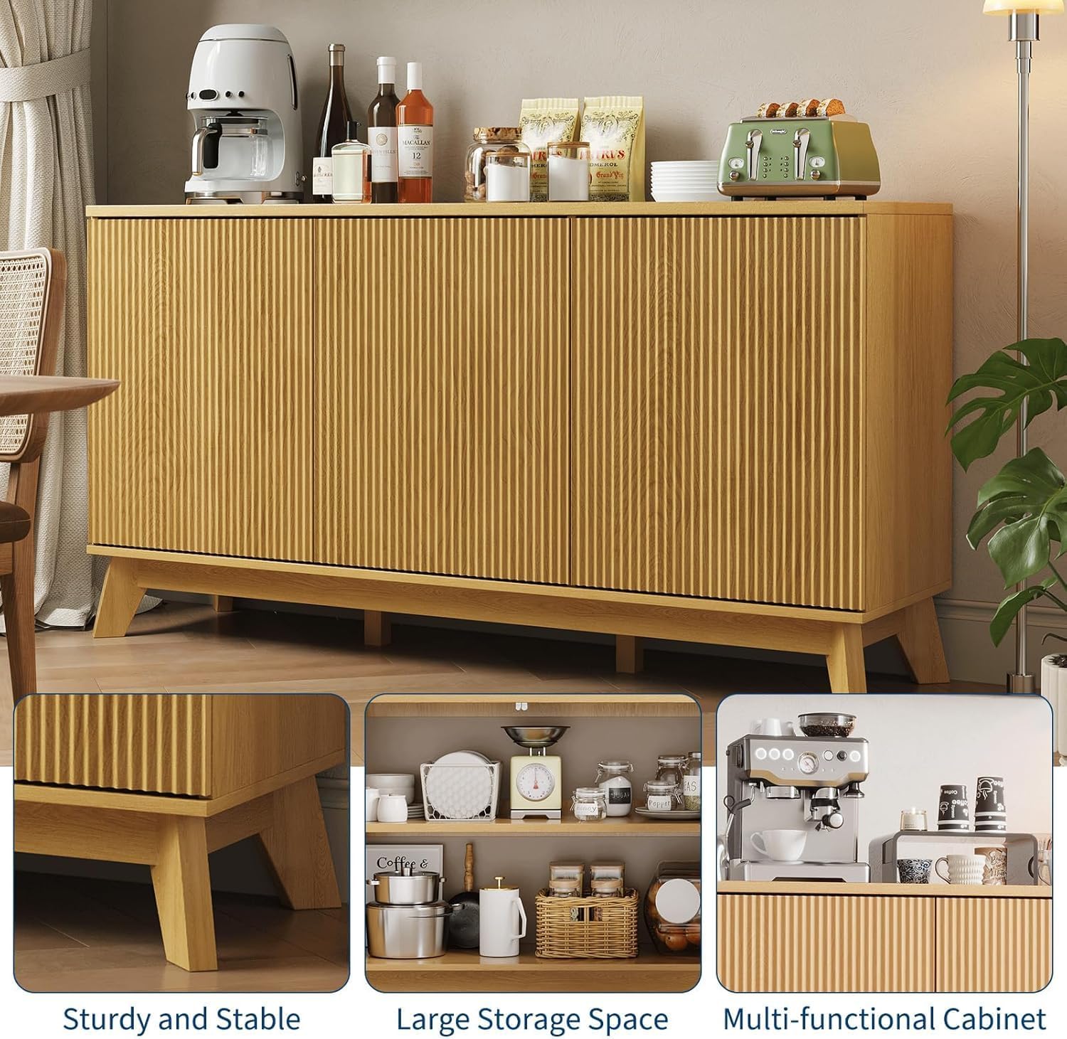 58" Modern Farmhouse Sideboard Buffet Cabinet with Curved Fluted Doors, 4 Doors & Adjustable Shelves, Wood Storage Buffet Console Table for Dining Room, Kitchen, Living Room, Coffee Bar - Image 4