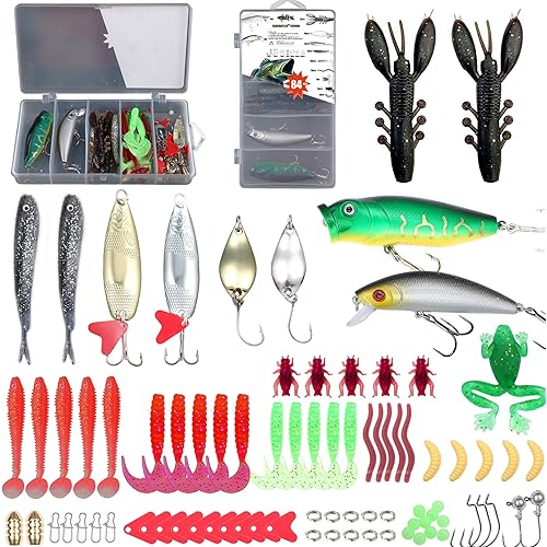 EXAURAFLIIS Fishing Gear Fishing Lures Kit for Freshwater and Saltwater,Bass Trout Salmon Fishingtackle Box Including Spoon Lures Crankbaits Soft Plastic Worms Jigging Hooks