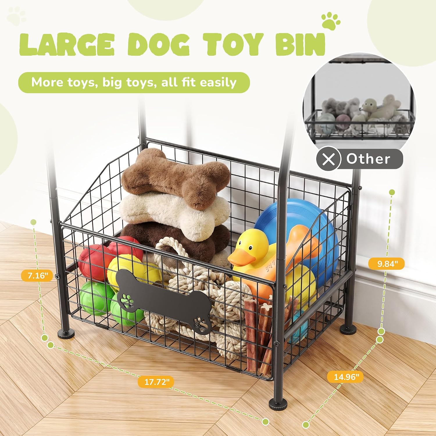 Large Dog Toy Basket, Metal Toy Bin for Dogs with Wood Countertop, Pet Toy Storage Basket with Collar Leash Holder Hook, Toy Holder for Dog Stuff Accessories, Toy Box for Living Room Area