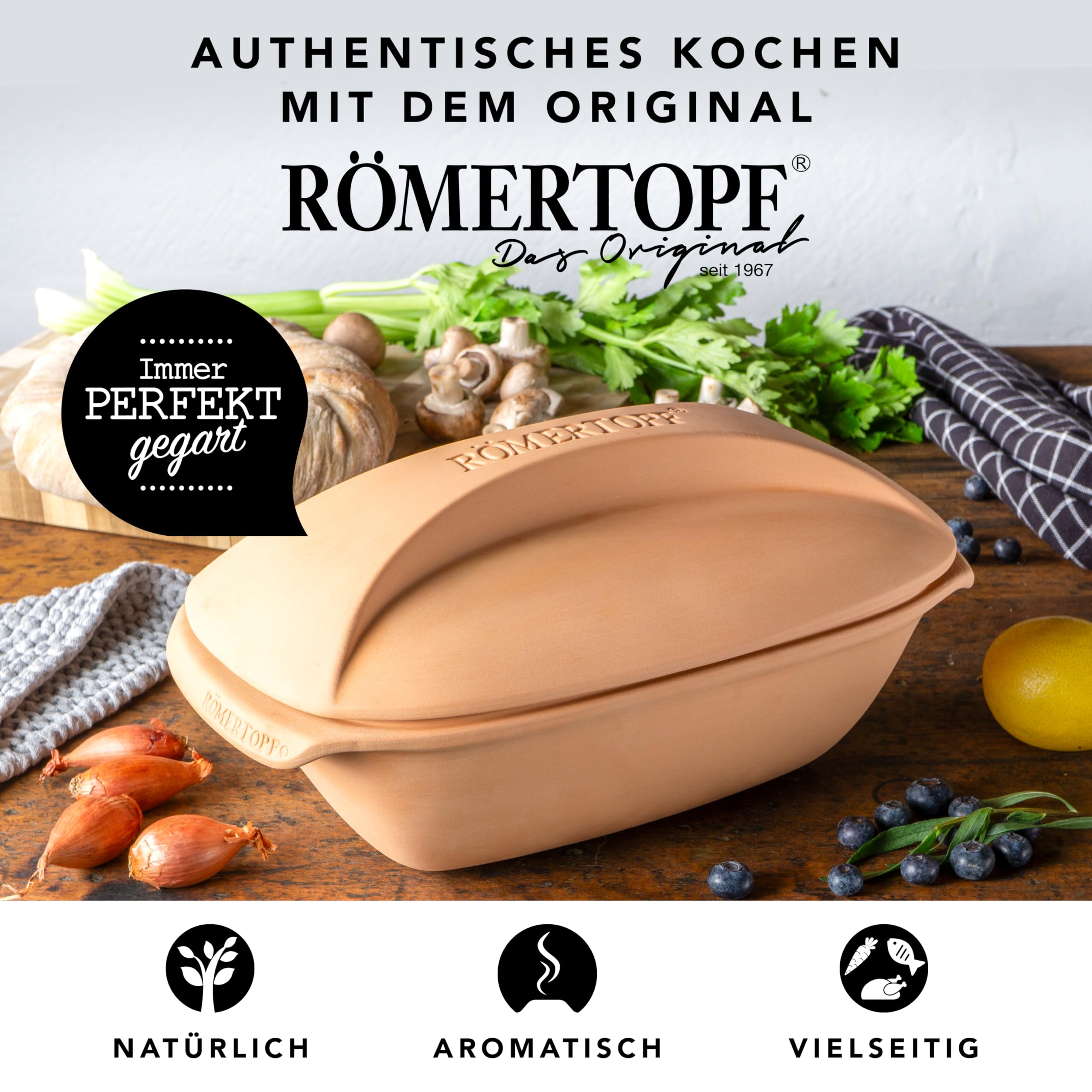 Römertopf Tegame in Terracotta Naturale 3 Litri con Coperchio – Pentola da Forno per Arrosti e Stufati, Cottura Sana senza Grassi, Terracotta, dal 1967