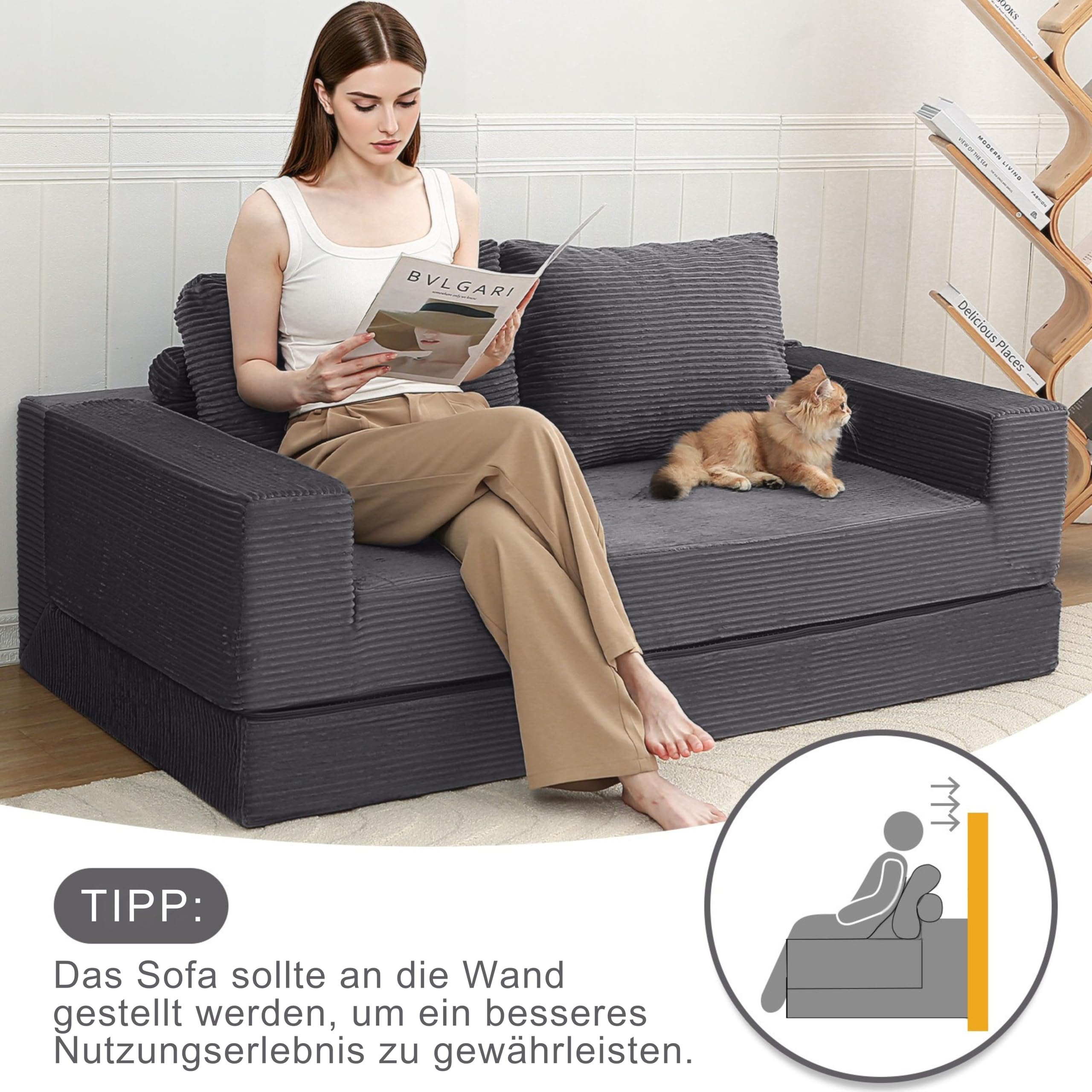 MeMoreCool Boneless Couch, Cord Faltbares Bodensofa mit Kissen, Ausziehbares Futon Schlafsofa, Bequemes Lounge-Sofa/Matratze/Gästebett für Wohnzimmer und Schlafzimmer, Grau