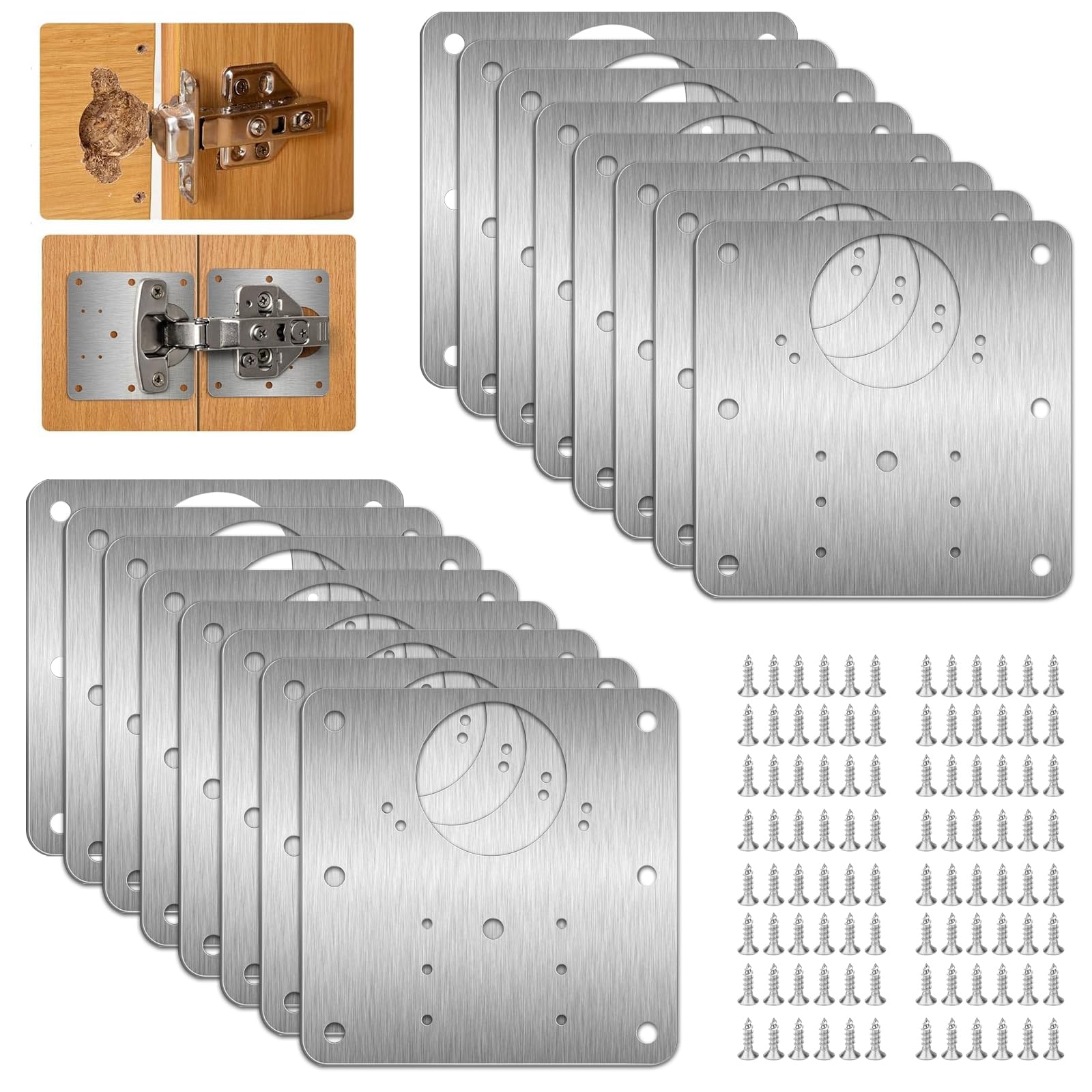 16 Pcs Hinge Repair Plate with 96 Pcs Screws, Stainless Steel Cabinet Hinge Repair Kit for Kitchen Cupboard Door Wardrobe Furniture