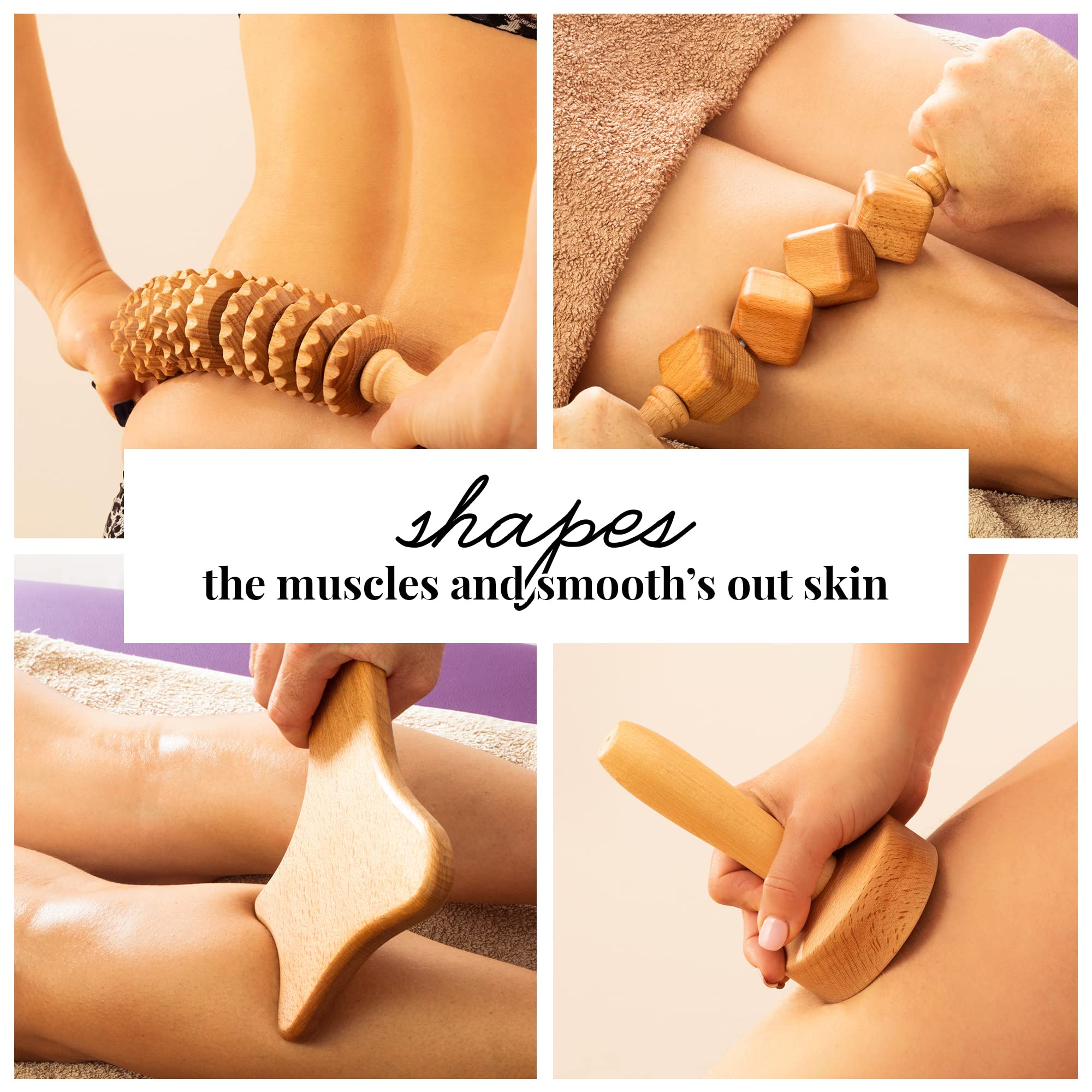 tuuli Accessories Maderoterapia Set Anticellulite Massaggiatore Rullo Legno Cellulite Coppa Svedese Massaggio