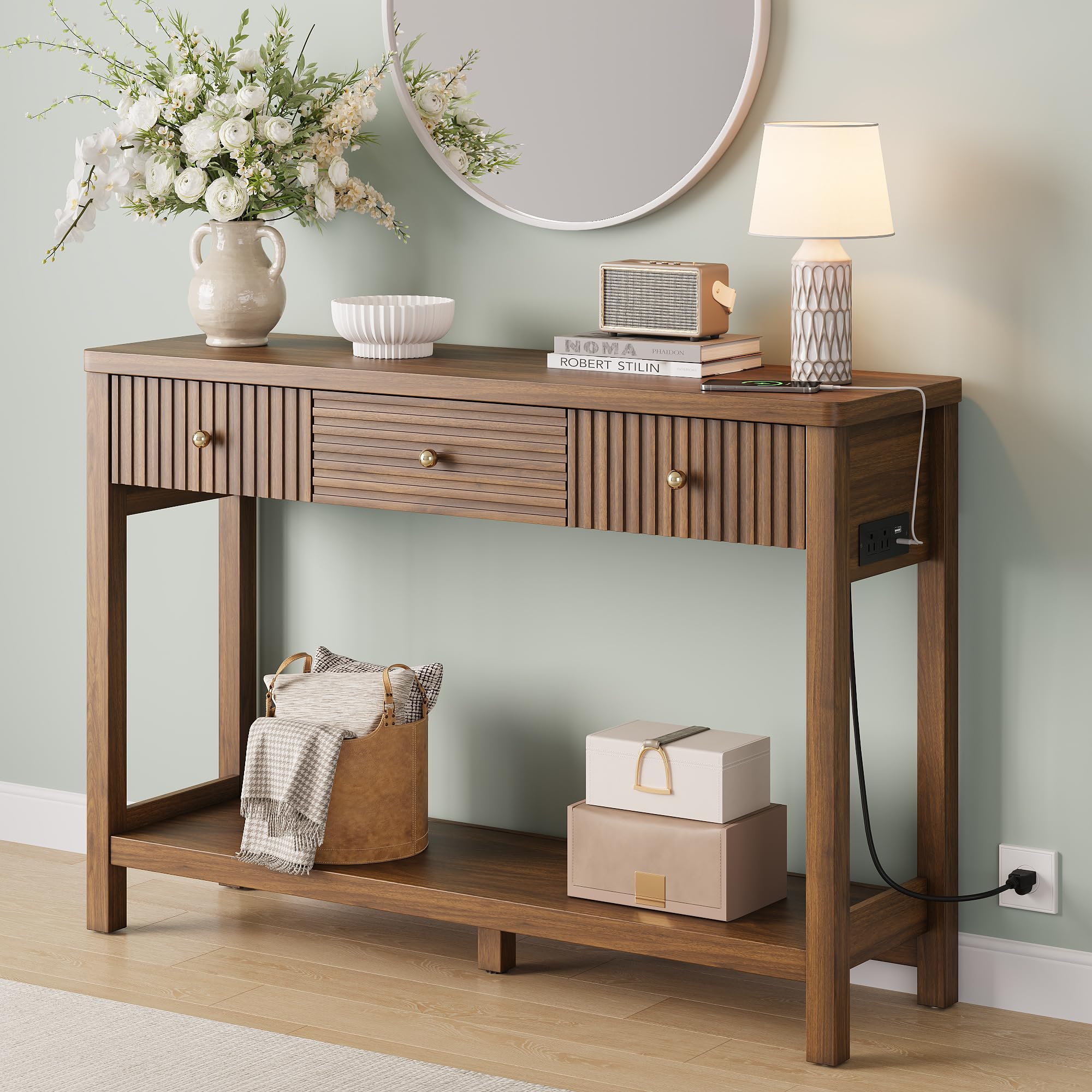 47 Inch Console Table with Outlets and USB-C Port, Sofa Table with 3 Drawers and Open Shelf, Modern Entryway Table with Charging Station for Behind