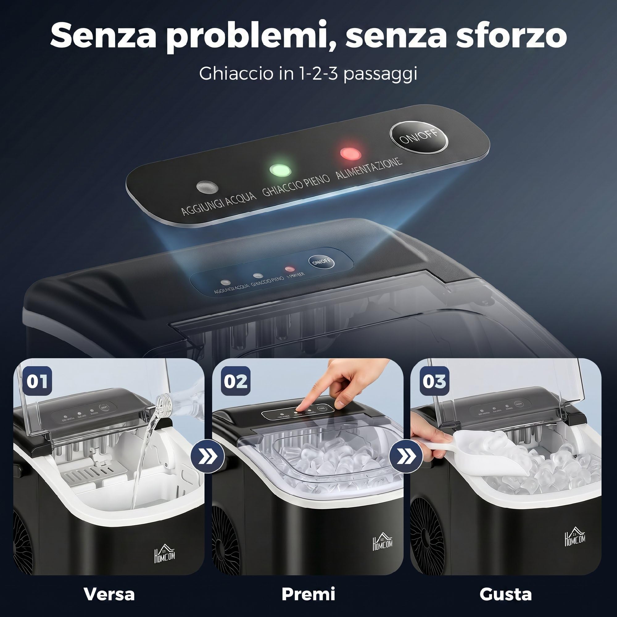 HOMCOM Macchina del Ghiaccio 12kg/24h, 9 Cubetti in 6-12 Minuti in PP e Rame con Cestello e Paletta, 23.8x30.5x29 cm, Nero