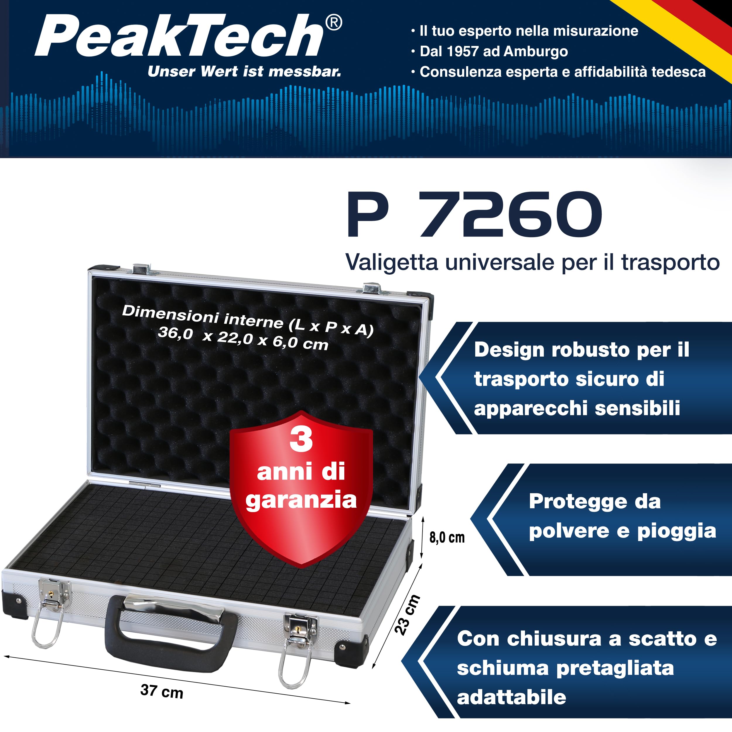 PeakTech 7260 - Custodia universale per strumenti di misura, Custodia in alluminio resistente, Vano porta attrezzi, Imbottitura in schiuma, Con lucchetto, Antipolvere, L - 370 x 80 x 230 mm