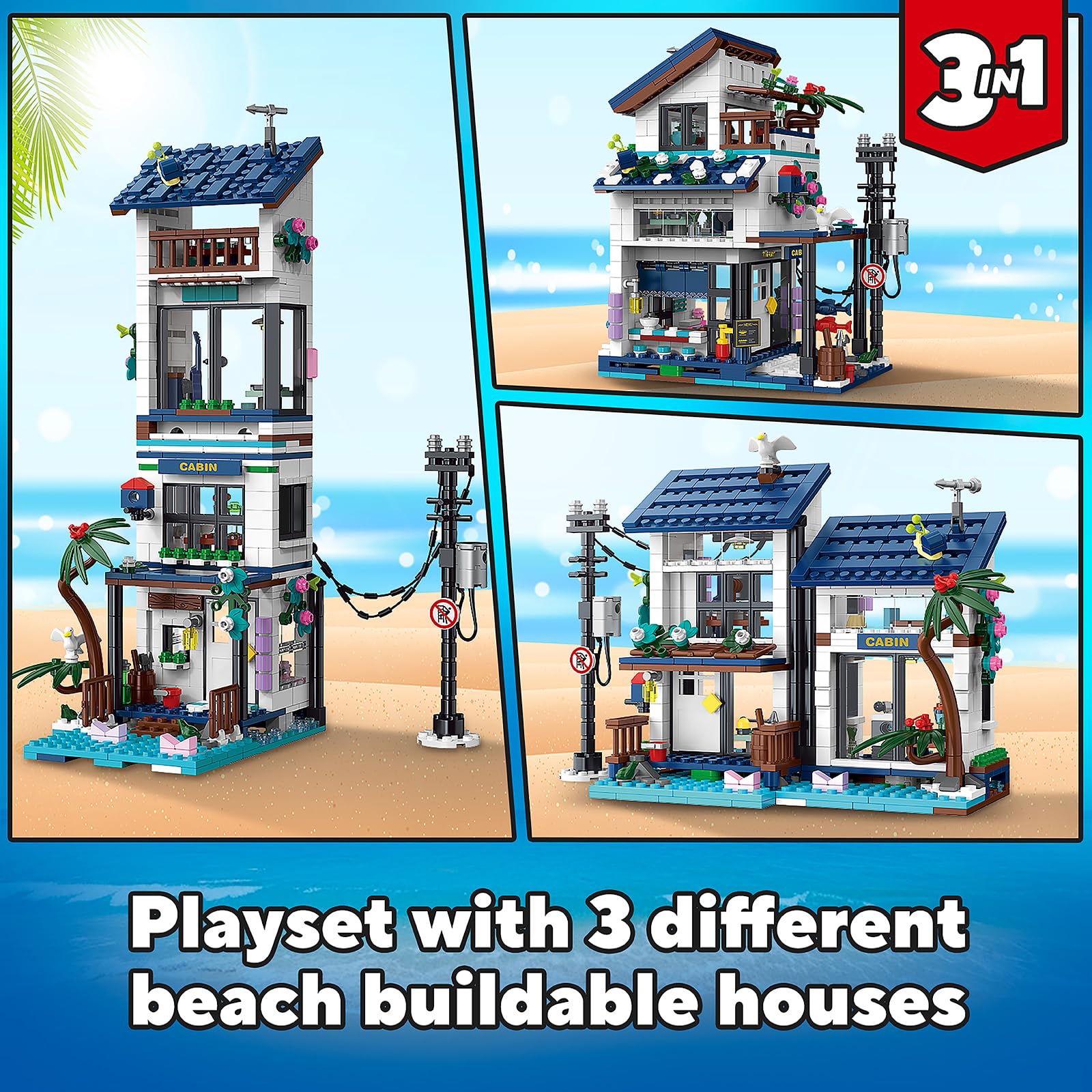 3 in 1 City House Building Sets,Creative Modern House with Light,Seaside Beach Villa Japanese Style Cottage Friends Vacation Hut Building Blocks Toys for Kids Ages 6+