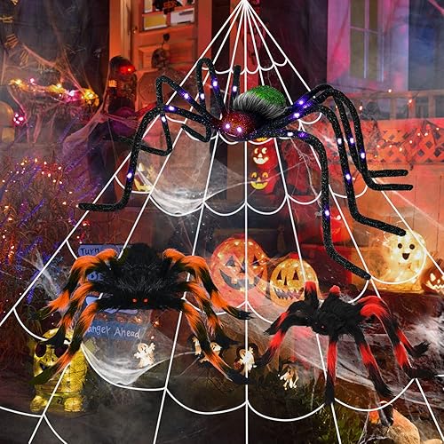 Miniatura 2 de Rocinha Paquete de 4 arañas de Halloween, araña gigante de 4 pies y araña peluda colorida con ojos rojos, araña grande iluminada con LED que cambian