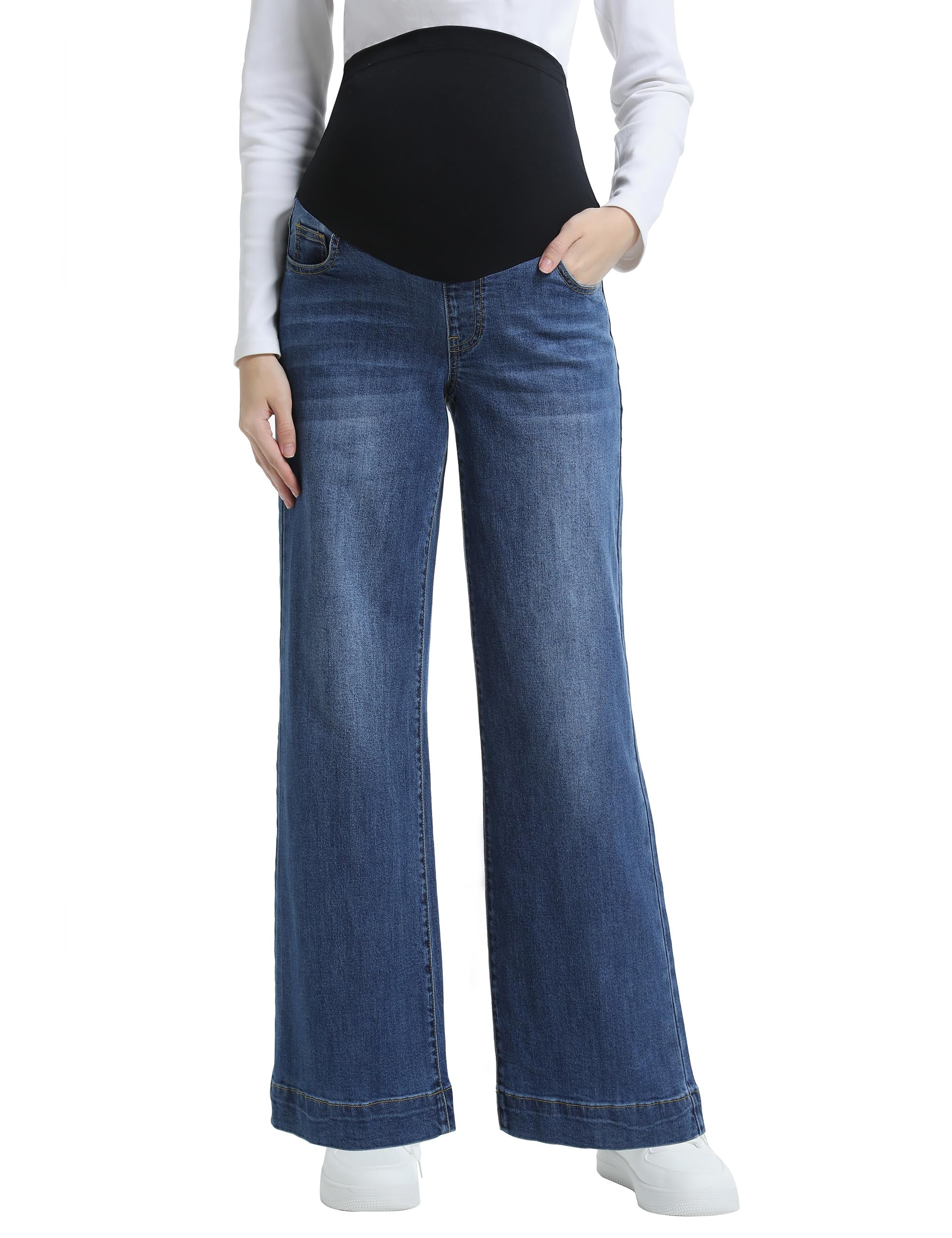 Damen Umstandsjeans mit Weitem Bein über dem Bauch Jean Umstandshose Denim Schwangerschaftsjeans mit Taschen