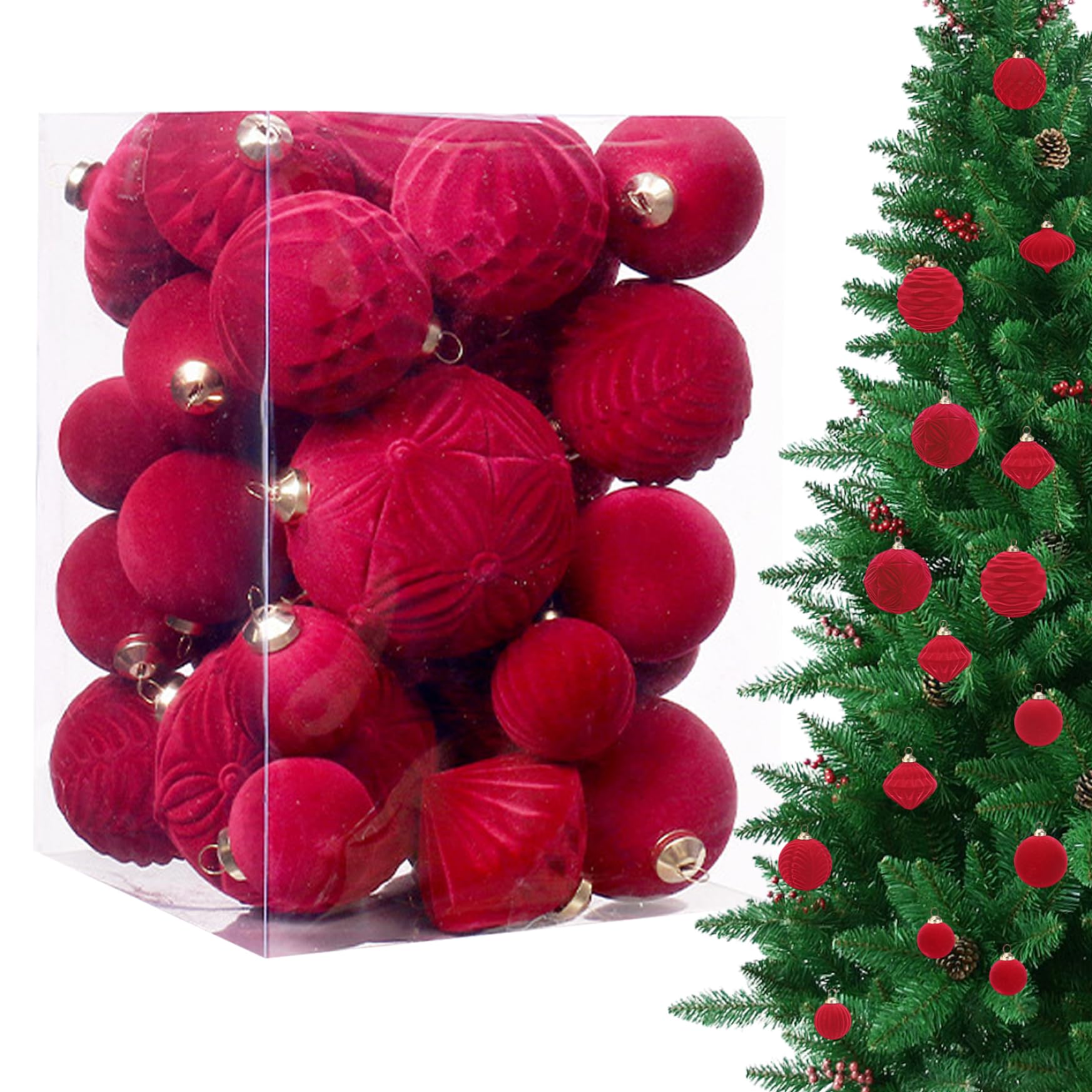 Balles de Noël en velours rouge haut de gamme pour sapin chic
