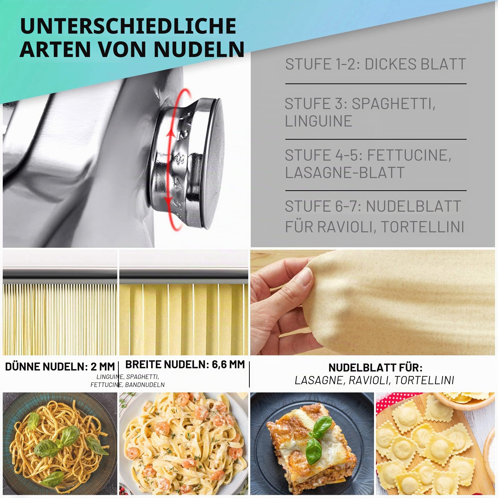 Manuelle Nudelmaschine mit Trockner - Multi-Pasta Edelstahl Rostfrei Italienische Flachteigmaschine 7 stufig einstellbar, scharfem Messer Klemme - Frische hausgemachte Nudeln, Spaghetti, Lasagne