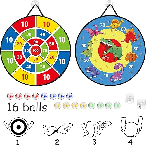 Miniatura 4 de TOMYOU Tablero de dardos de 26 pulgadas para niños con 16 bolas adhesivas, tablero de dardos de dinosaurio de doble cara, juguetes de fiesta para