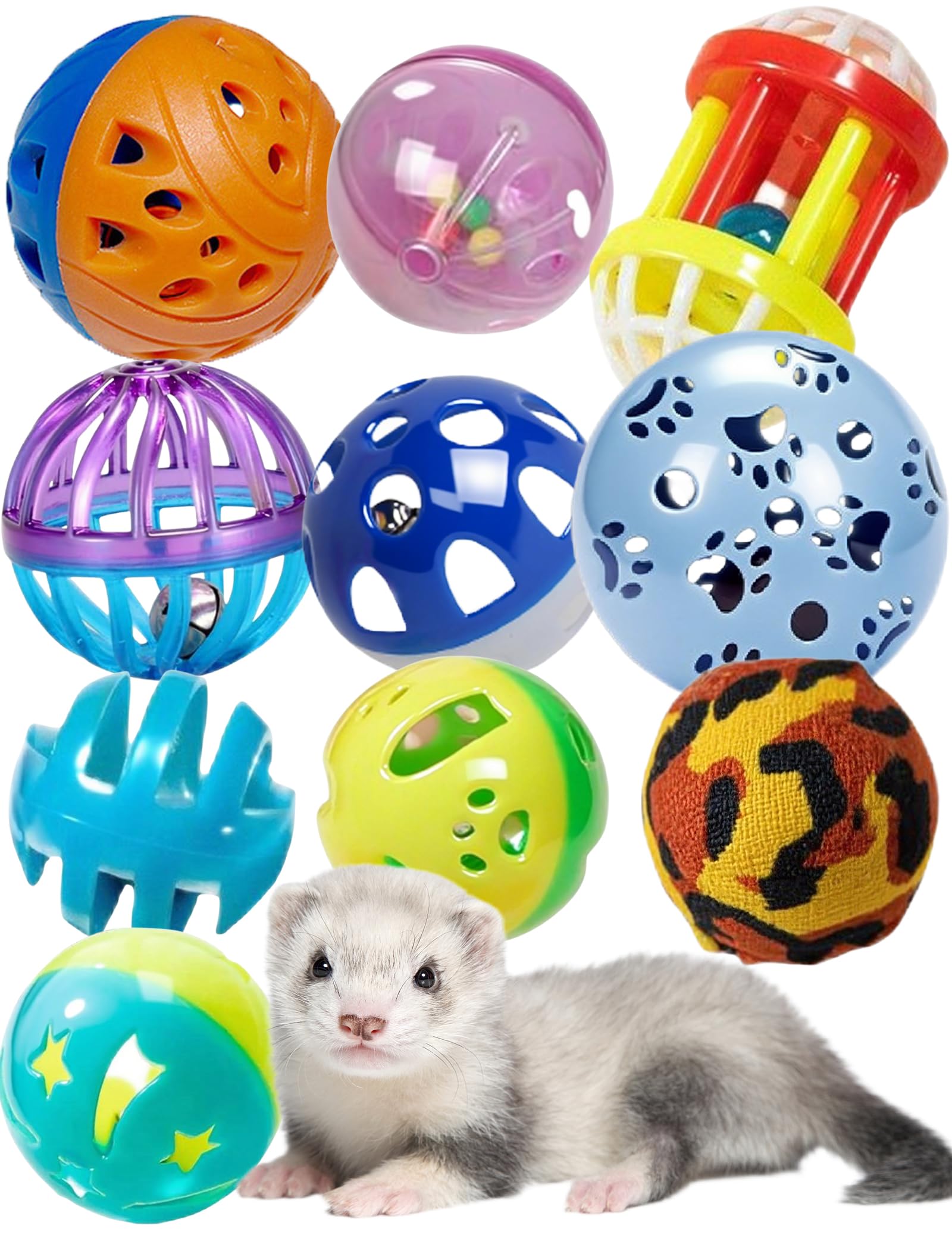 HEUHAI 10-Pack Resilient Ferret Toys & Accessories, Colorful Teething Balls with Bells, Interactive Stimulation, Easy-Clean Ferret Stuff for Oral