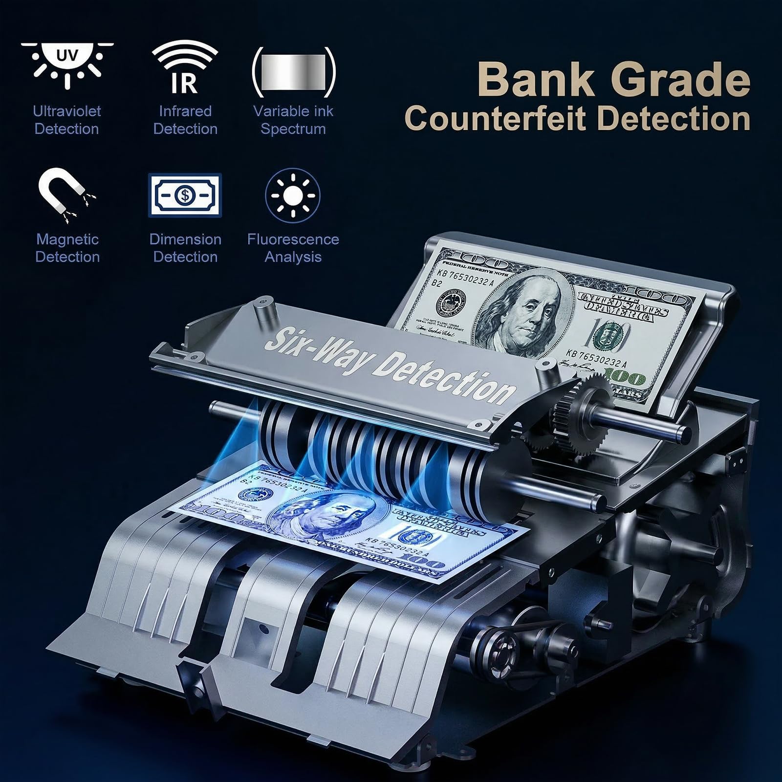 Aneken K08 Macchina Conta Banconote con display LED 3,8" e conteggio valore, rilevamento UV/MG/IR/DD/VI/FA, rilevatore di banconote false, modalità addizione e batch, 1200 banconote/min, per EUR/USD