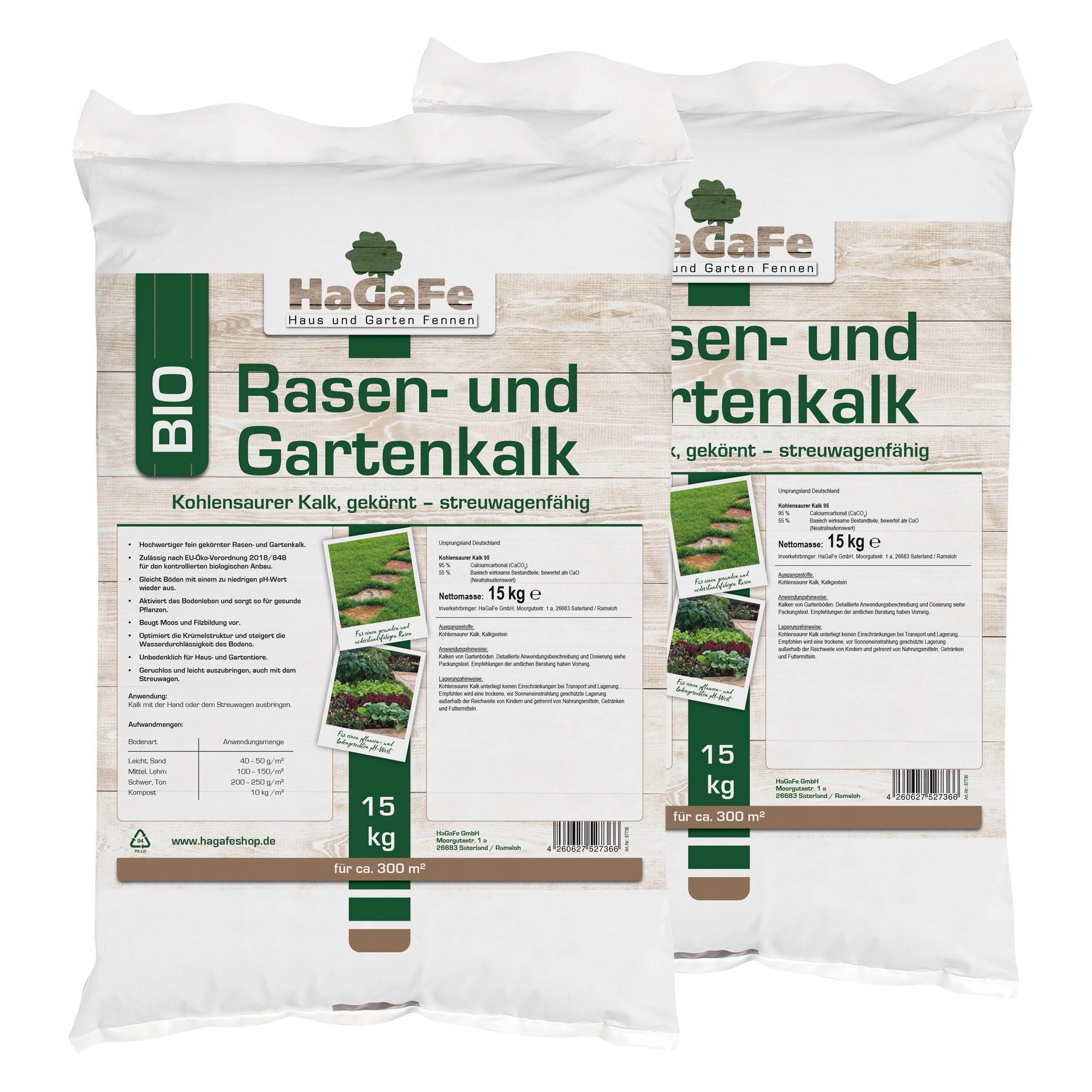 Bio Rasenkalk, Gartenkalk, Kalk, Düngekalk gegen Moos, Filz und Pilze im Rasen, fein gekörnt und staubarm, Gewicht: 30 Kg Für 600 M²
