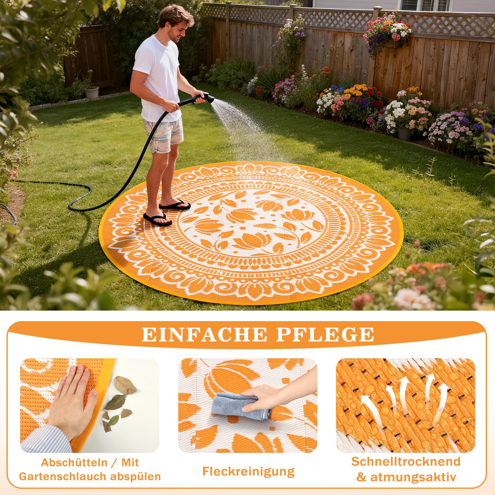Outdoor Teppich Rund Schwarz 180 cm, Boho Wetterfest Wendbarer Outdoorteppich, Kunststoff Terrassenteppich, UV-beständige Balkon Teppich für RV Camping Deck Patio Strand Garten Picknick Orange