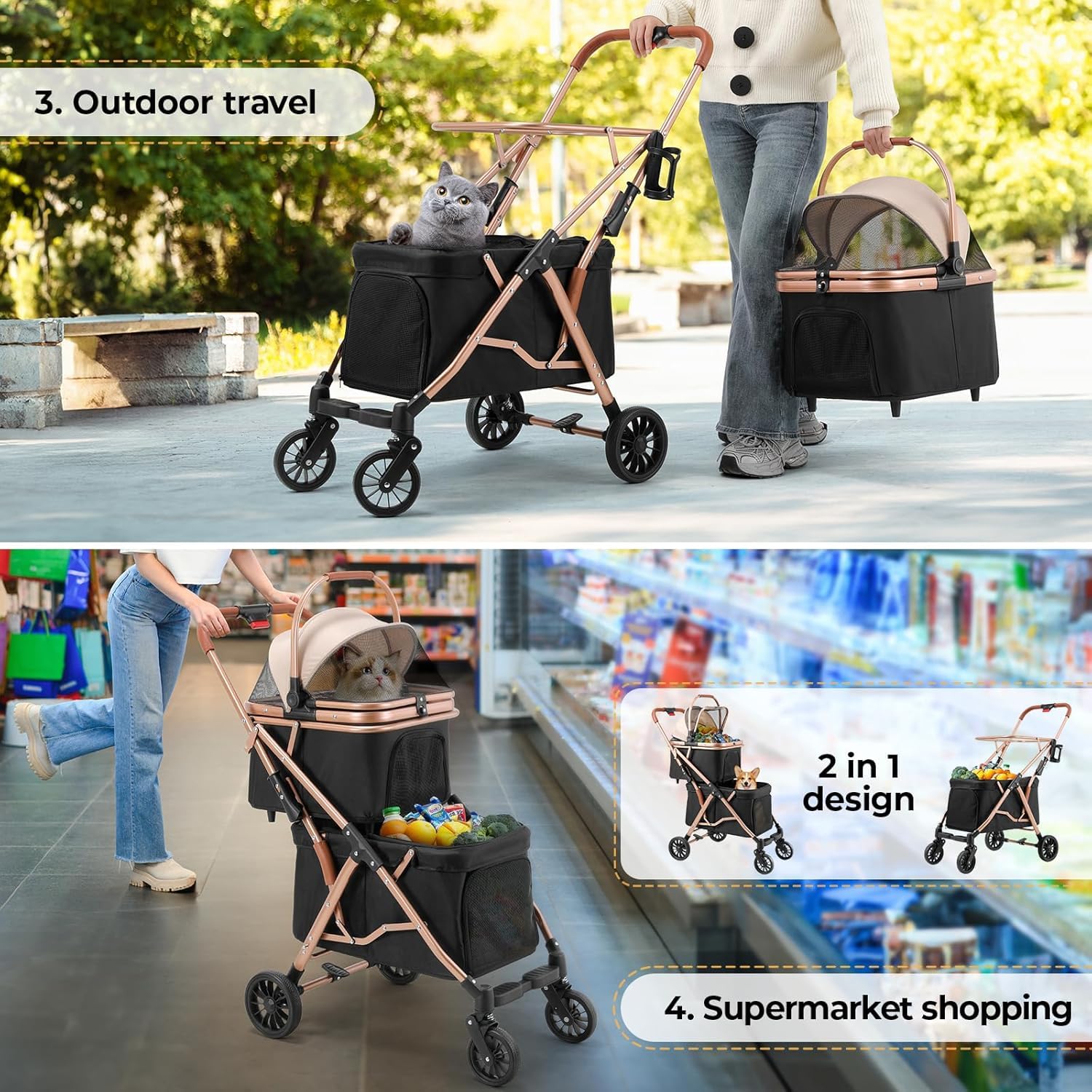 MAMIZO Cochecito para Mascotas 2 Niveles, Plegable Carrito para Mascotas de Hasta 15 kg, Carrito de 2 Niveles para Perros Gatos con Ventanas de Malla Portavasos y 4 PCS Ruedas PU, Negro