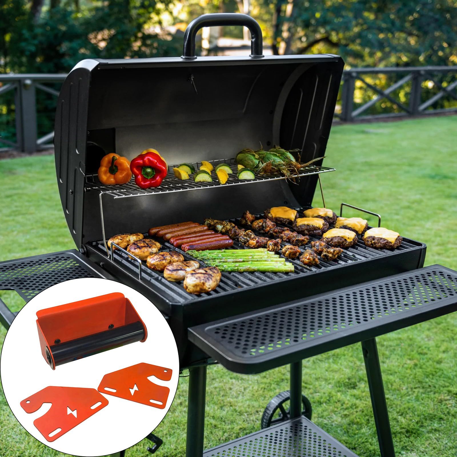 Generisch Gruppo di maniglie per coperchio barbecue in acciaio con 2 supporti a cerniera laterali, parti di ricambio per la riparazione del coperchio del barbecue piatto e la verifica della