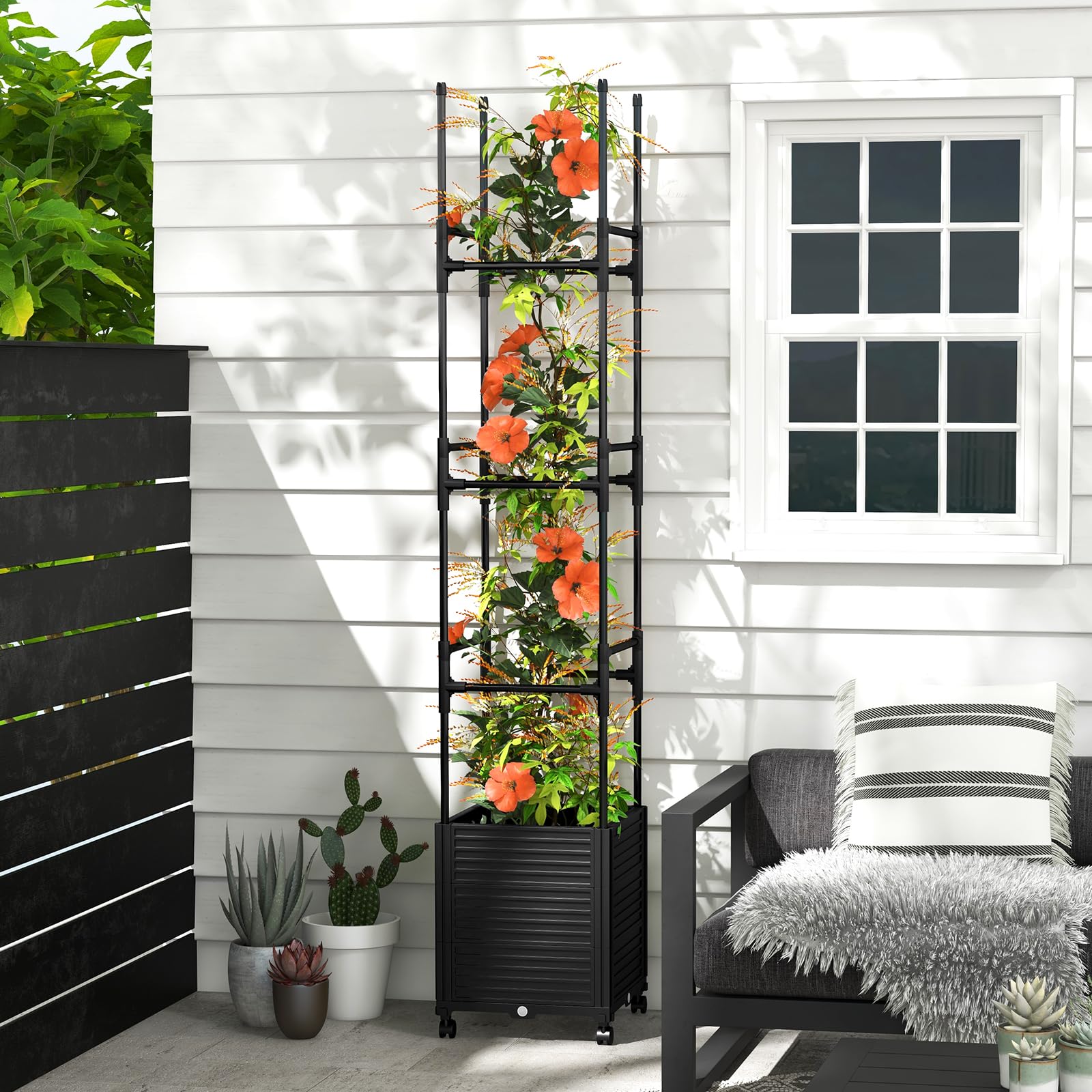COSTWAY Klimhulp met bloembak op wieltjes, Obelisk, gecoat metaal en PP, verstelbaar en in hoogte verstelbaar, rankrooster met plantenbak en irrigatie, klimplanten, bloemen, 42 x 42 x 219 cm