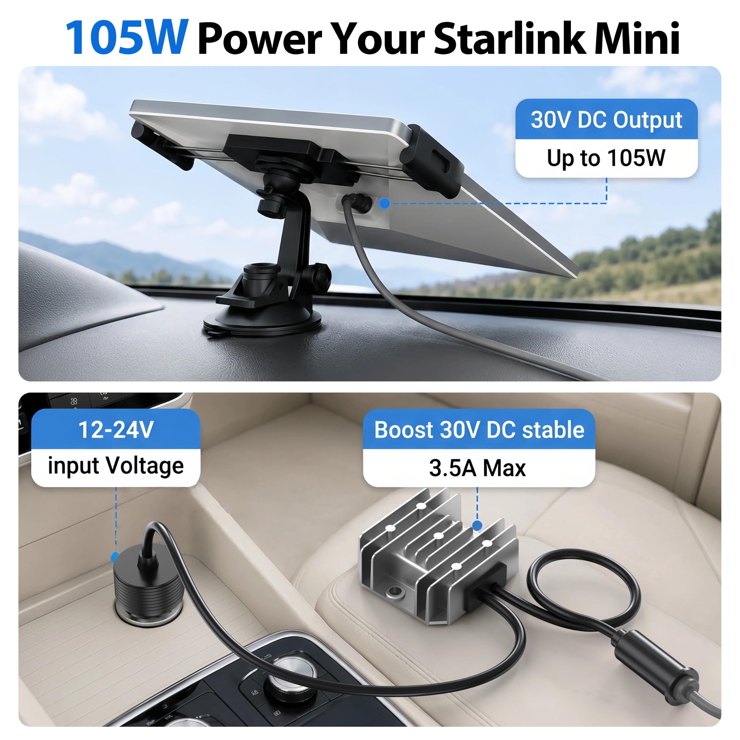 Starlink Mini-Auto-Adapterkabel mit Step-Up-Konverter, DC-Buchse, Netzkabel und Zigarettenanzünder-Adapter, 12-24 V auf 30 V 3,5 A Boost-Konverter, stabile Ausgangs-Stromversorgung für LKW, Wohnmobil