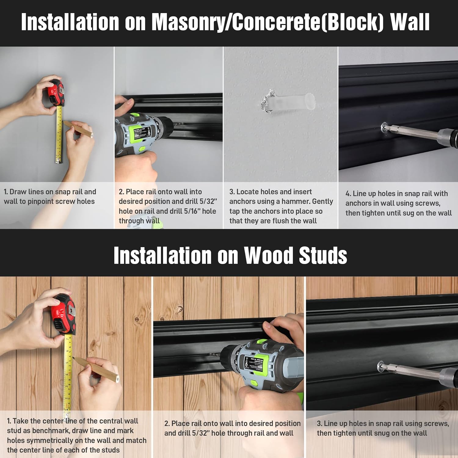 Step-by-step diagrams for installing the tool organizer rails on both masonry and wood stud walls