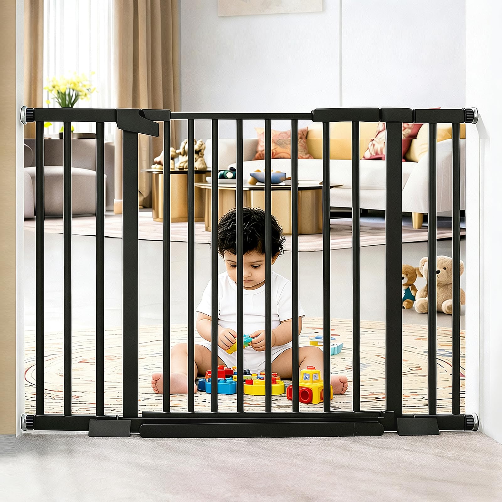 Uliance Baby Safety Gate, Auto-Close Metal Gate for Toddlers, Extra Secure Stair & Door Barrier, Adjustable Width, Dual Lock, No-Drill Installation (Black, 83-90cm)-image-48