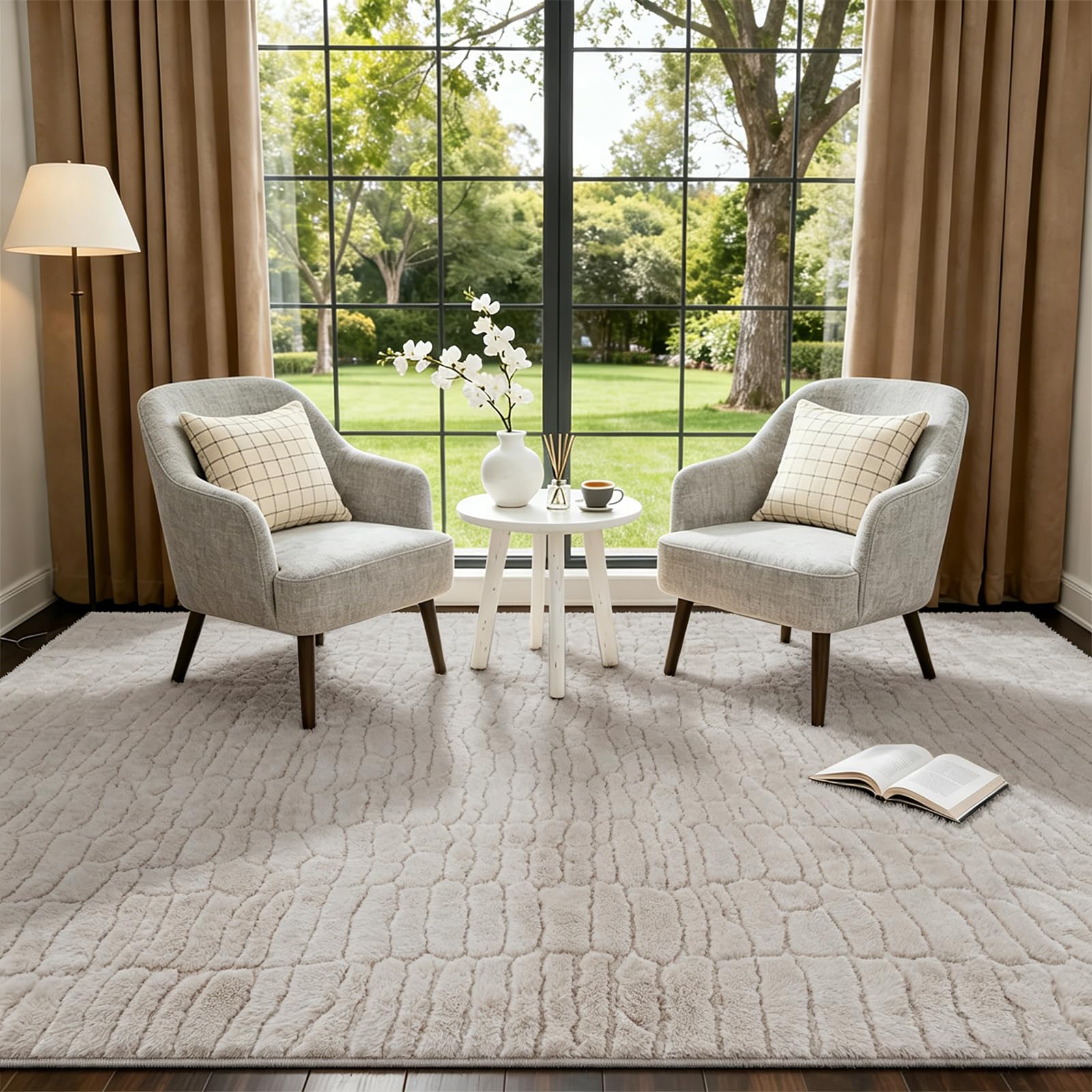 Teppich Wohnzimmer 160x230cm Waschbarer rutschfeste Kurzflor Moderner Bodenmatte 3D Effekt Teppiche für Bereich Schlafzimmer Büro Esszimmer Küche Kinderzimmer, Beige