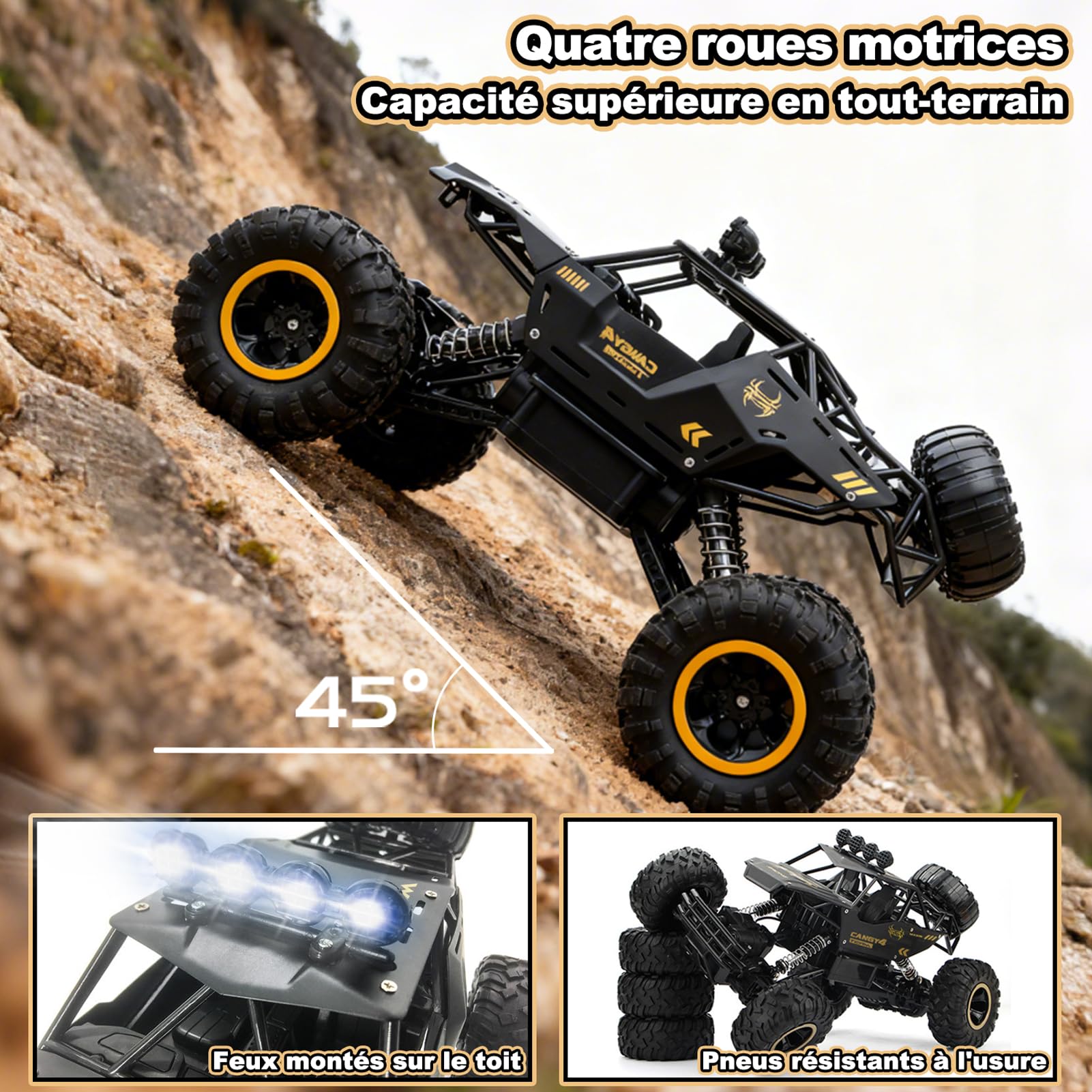 Jiakora 1:12 Grande Voiture télécommandée, 2,4 GHz rc Jouet, 4x4 télécommandée Tout Terrain, Monster Truck avec lumière LED, 2 Batteries, Voiture téléguidée Enfant Cadeau pour garçons de 6 Ans