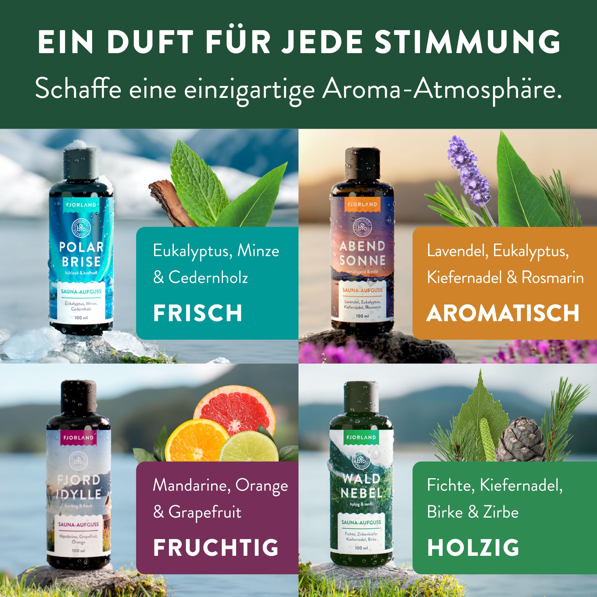 Fjorland Saunaaufguss Set BIO 4 x 100 ml Saunadüfte Geschenkset - Ätherische Saunaaufgüsse in hochwertiger Geschenkbox