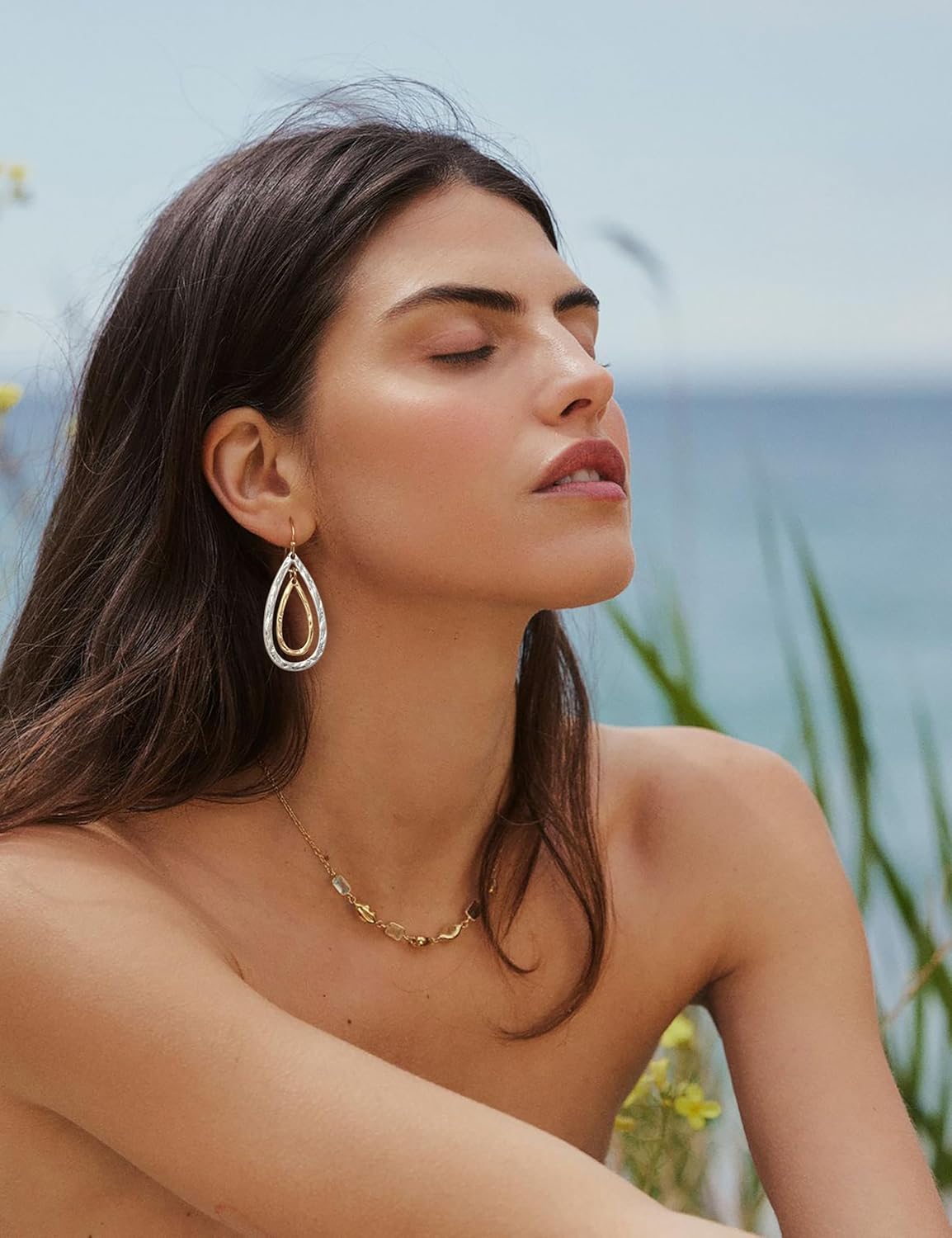 Antique Gold Hammered Disc Drop Earrings Boho Earrings with Two Tone Jewelry Gift - Image 2