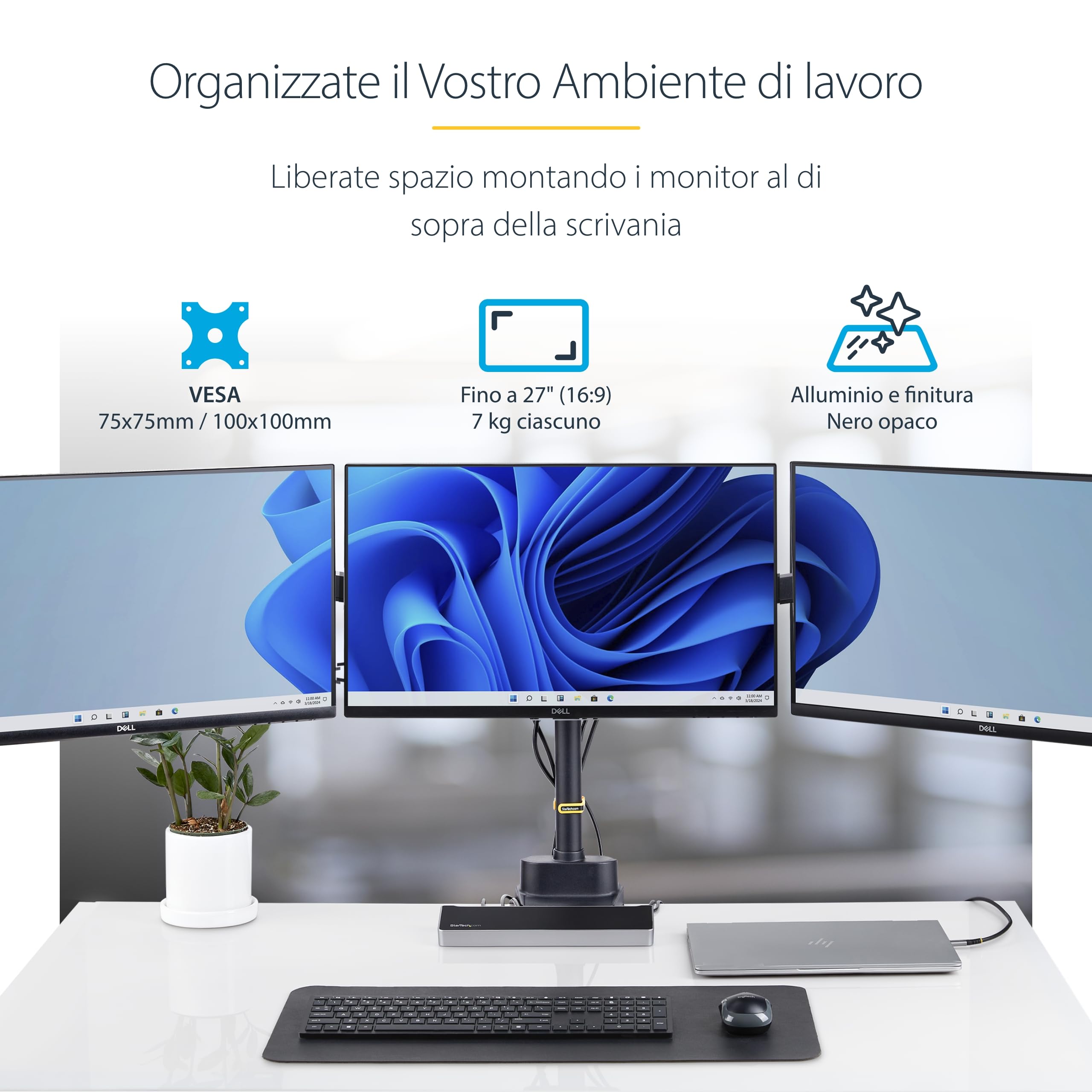 StarTech Braccio 3 Monitor da Scrivania 27" VESA (3MP2AG-MONITOR-ARM) | VESA 75x75/100x100, Regolazioni Senza Attrezzi