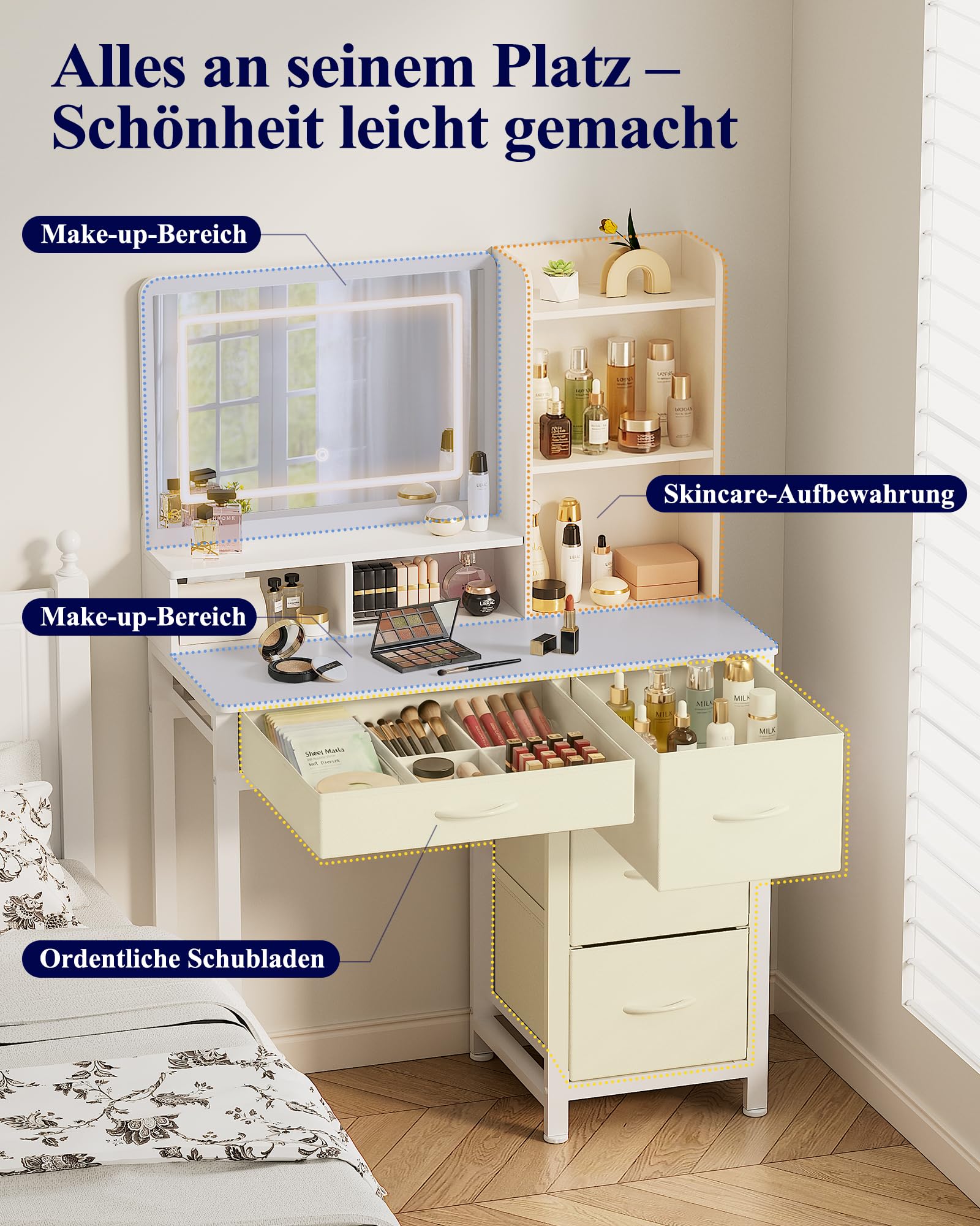 Kitsure Schminktisch mit Beleuchtung und Spiegel, 90 x 45 x 133,1 cm