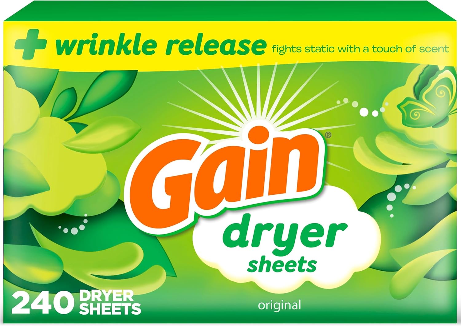 Gain dryer sheets Plus Wrinkle Release, Original Scent, 240 Count, Fights static with a touch of scent, laundry sheets ORIGINAL 240 Count (Pack of 1) - Image 1 of 9