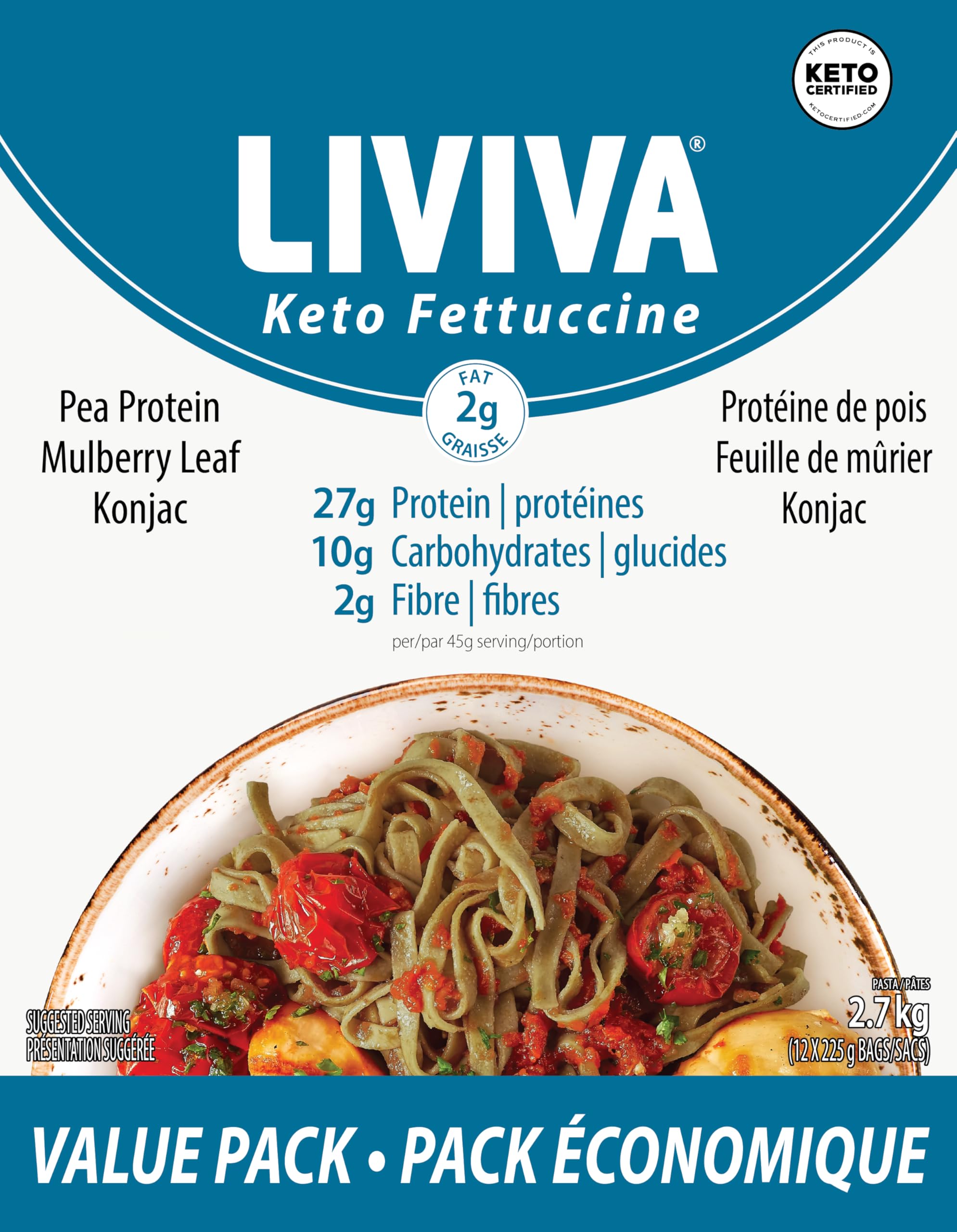 LIVIVA Pasta Value Pack (135 g Protein per Box) - Low Carb High Protein Pasta made from Pea Protein & Konjac Flour - 8g Net Carbs, Diabetic-Friendly - Ready to Eat in 3 – 4 mins – Taste like Healthy Al Dente Italian Pasta (12 Pack, Fettuccine) — view 3
