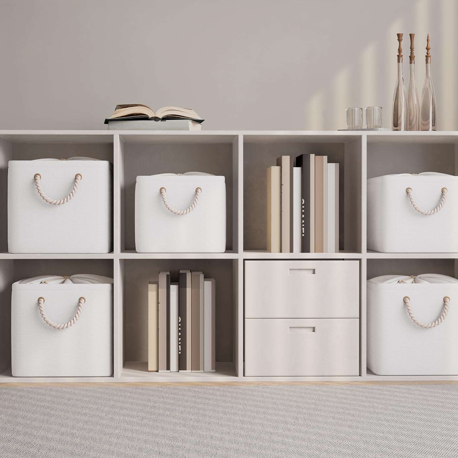 OUTBROS Juego de 3 Caja de Almacenaje plegable, 38 x 28 x 26 cm Cesta de Almacenamiento grande de tela con asas de transporte y cubierta de cordón para toallas, ropa, Blanco puro