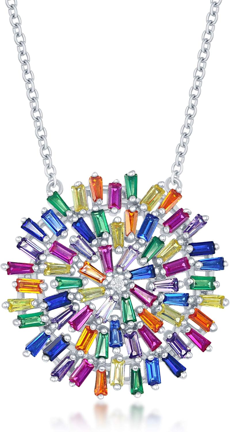 Sterling Silver Rainbow Baguette Cubic Zirconia Round 16+2" Necklace