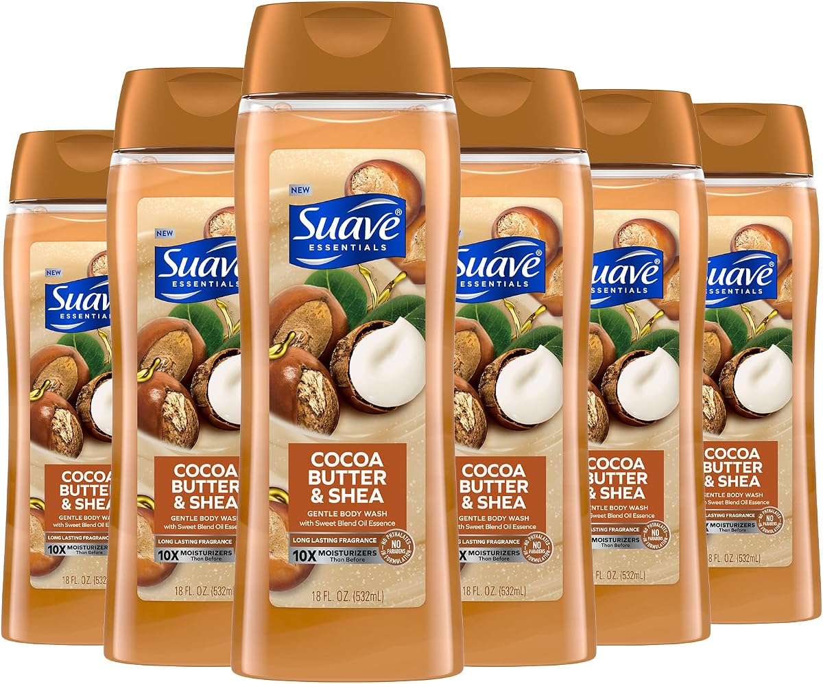 Gel corporal hidratante Suave, manteca de cacao y karité con extracto de vitamina E, sin parabenos, sin Phtahaltes, paquete de 18 oz de 6