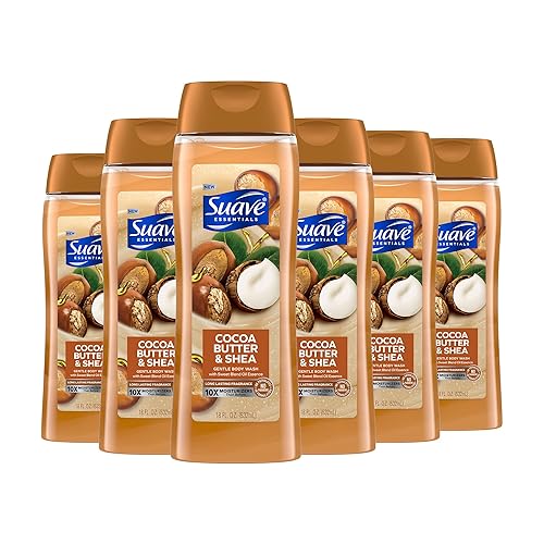 Suave Jabón corporal hidratante, manteca de cacao y karité con extracto de vitamina E, sin parabenos, sin ftalatos, 18 onzas, paquete de 6