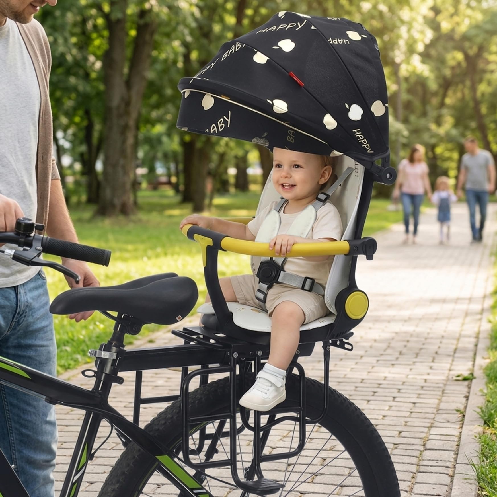Seggiolino per Bici per Bambini, reclinabile Regolabile, Pieghevole, Nero Oro Foto fr
