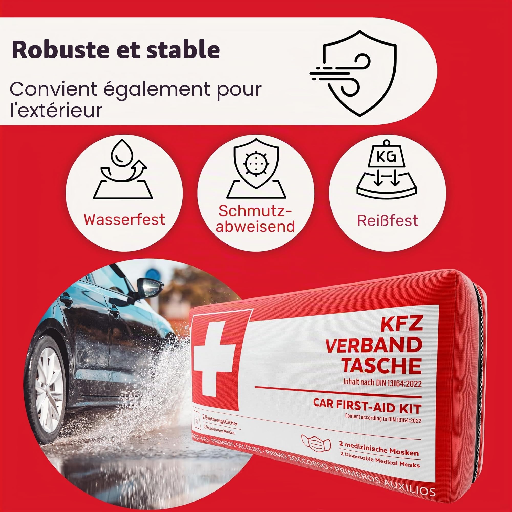 Trousse de premiers secours pour véhicule conforme à la norme 2026 incluant des serviettes de respiration - Trousse de secours pour véhicule utilisable dans toute l'Europe - Kit de premiers secours