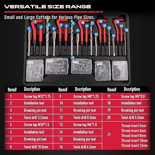 Miniatura 17 de Kit de reparación de roscas helicoidales métricas: 131 piezas helicoidales de bobina HSS taladros insertos grifos y herramientas M5 M6 M8 M10 M12